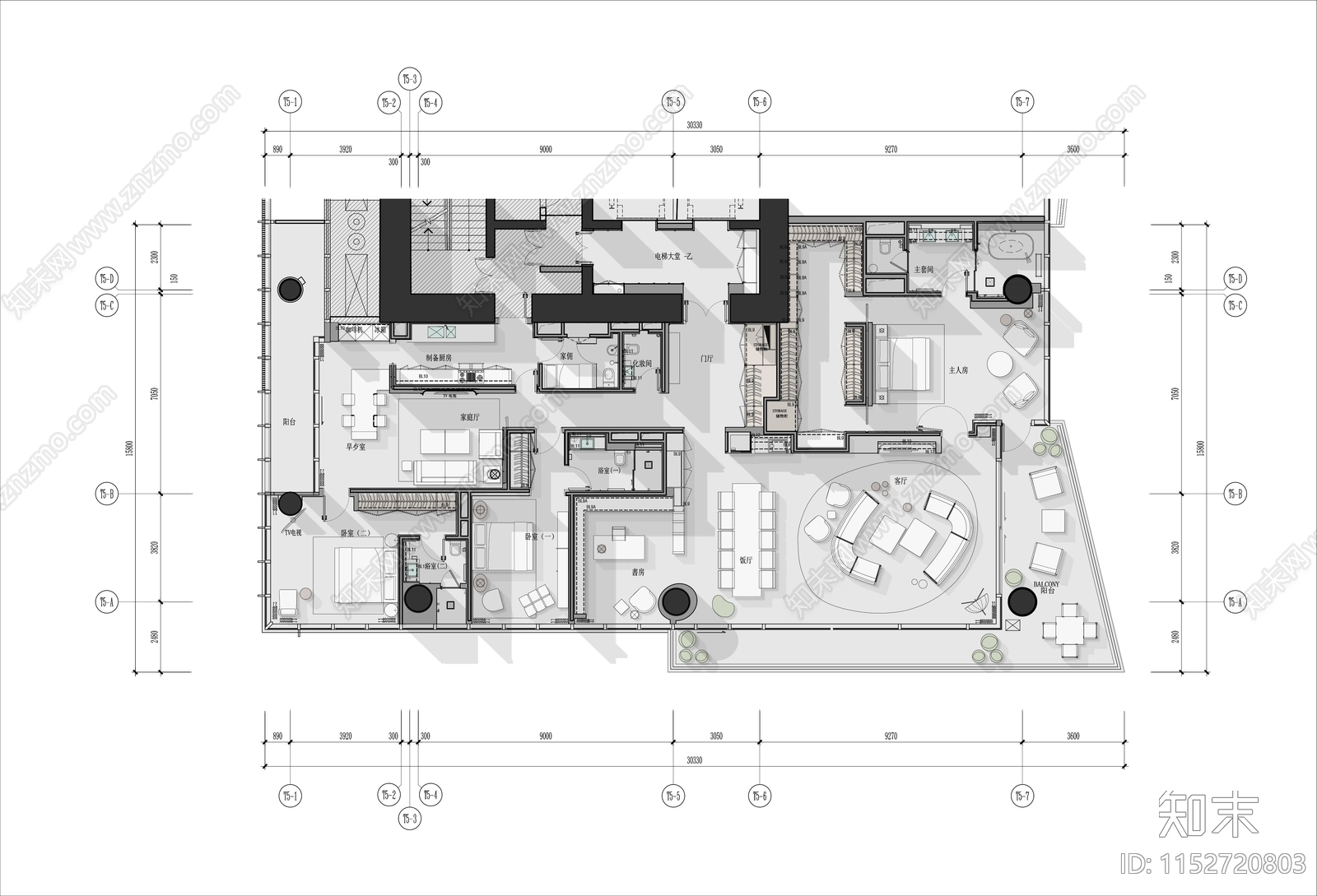 400㎡大平层家装室内平面图施工图下载【ID:1152720803】