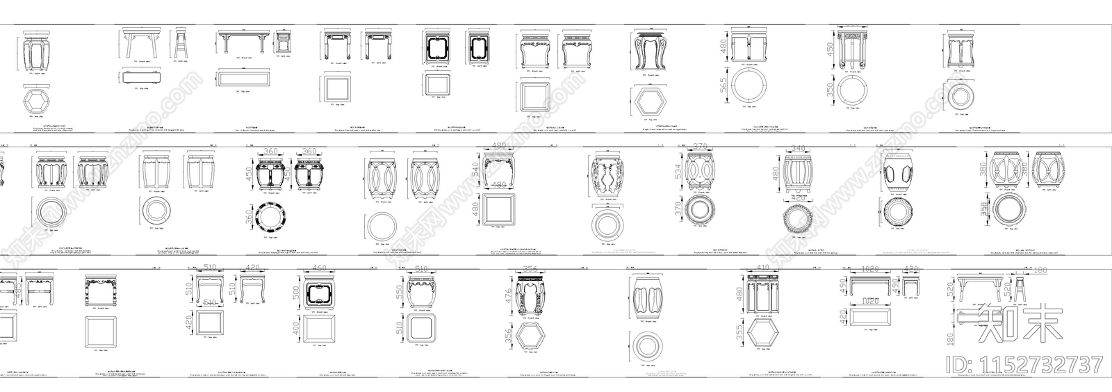 明清凳类平立面图块cad施工图下载【ID:1152732737】