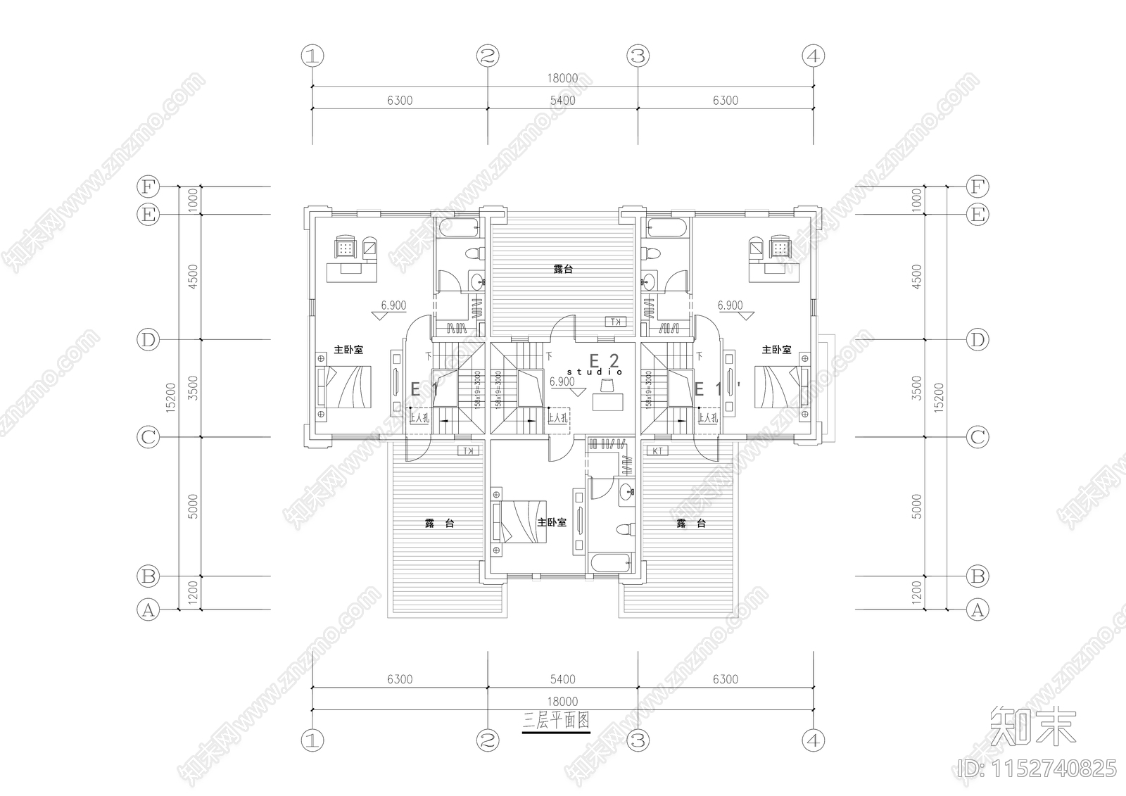 现代三层联排别墅效果图cad施工图下载【ID:1152740825】