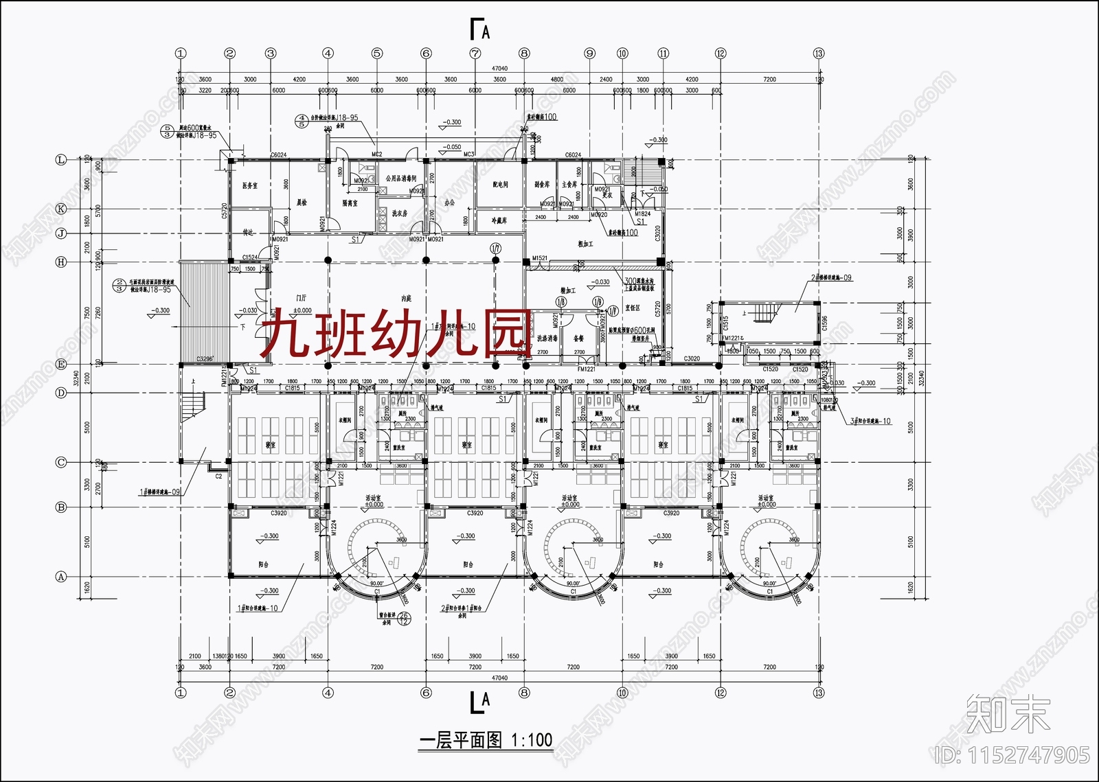 现代九班幼儿园cad施工图下载【ID:1152747905】