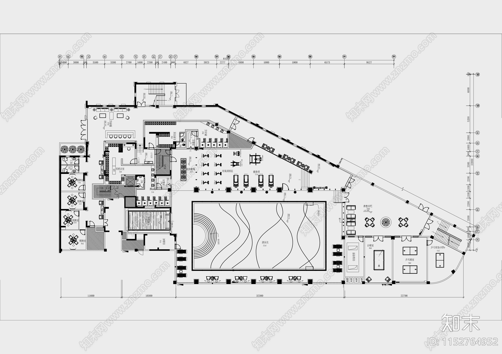 2000㎡健身游泳会所平面布置图cad施工图下载【ID:1152764952】