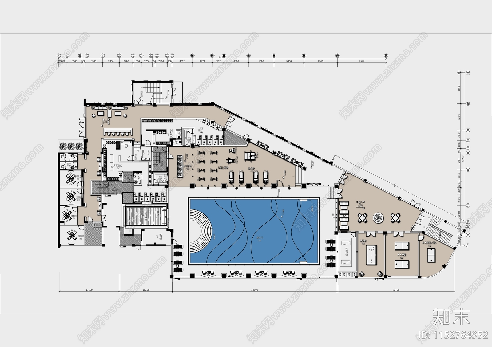 2000㎡健身游泳会所平面布置图cad施工图下载【ID:1152764952】