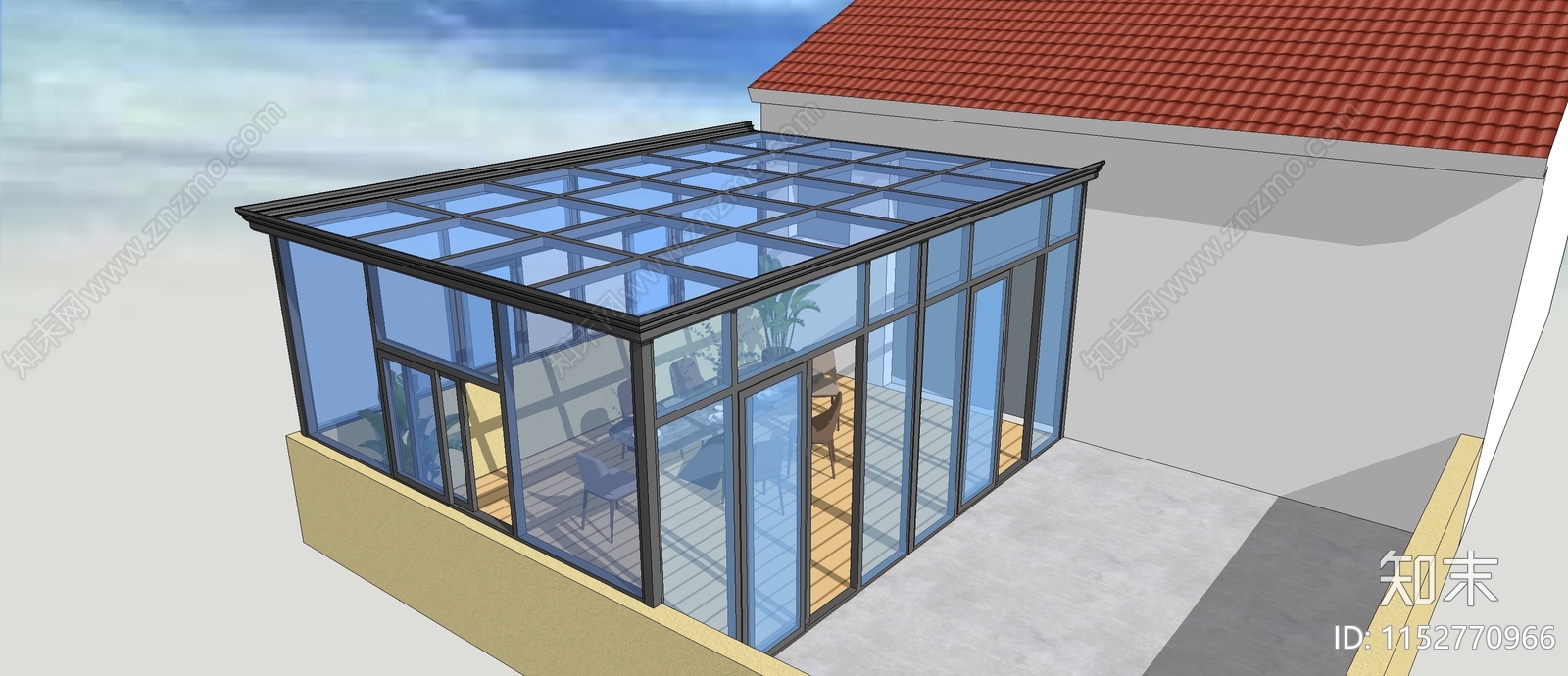 现代露台平顶阳光房SU模型下载【ID:1152770966】