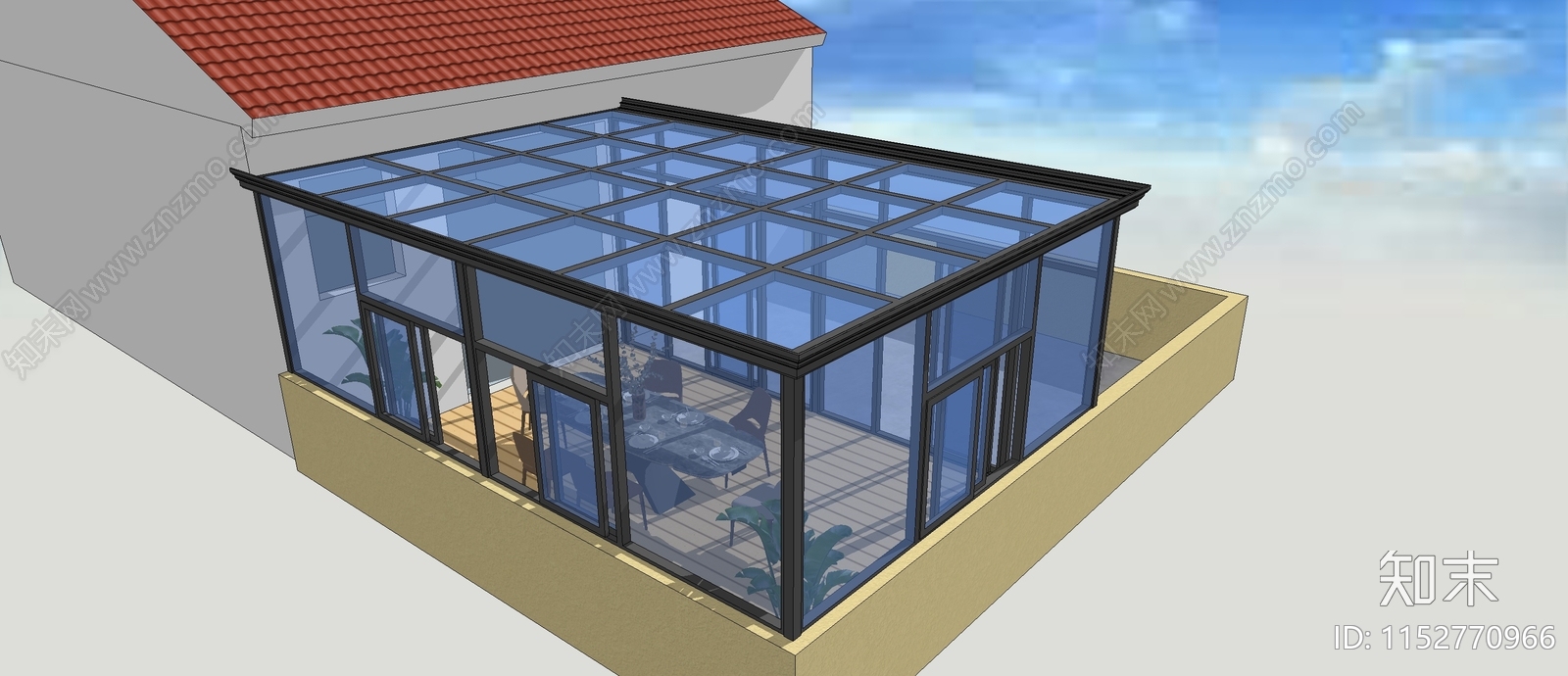 现代露台平顶阳光房SU模型下载【ID:1152770966】