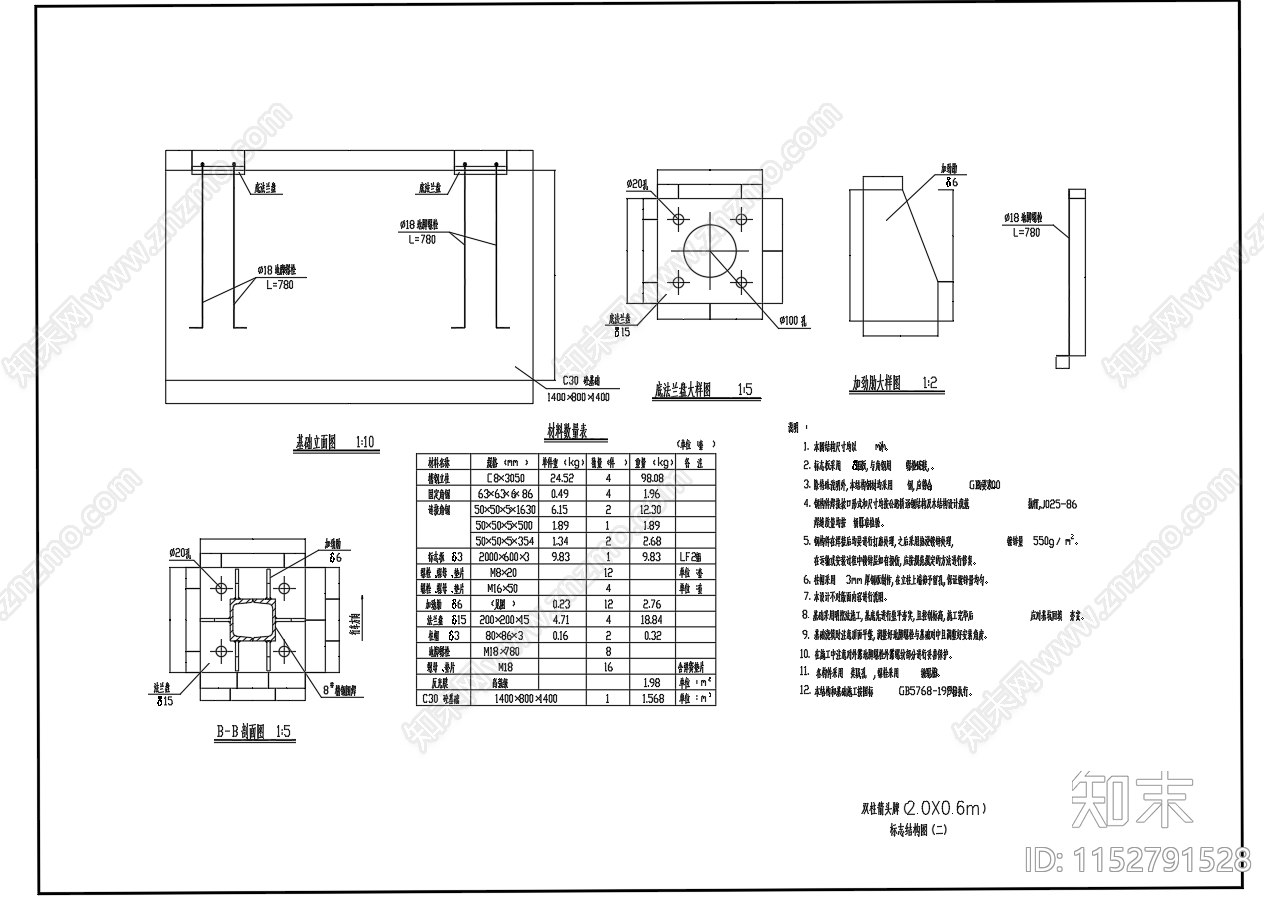 双柱箭头牌交通标志牌结构基础图施工图下载【ID:1152791528】