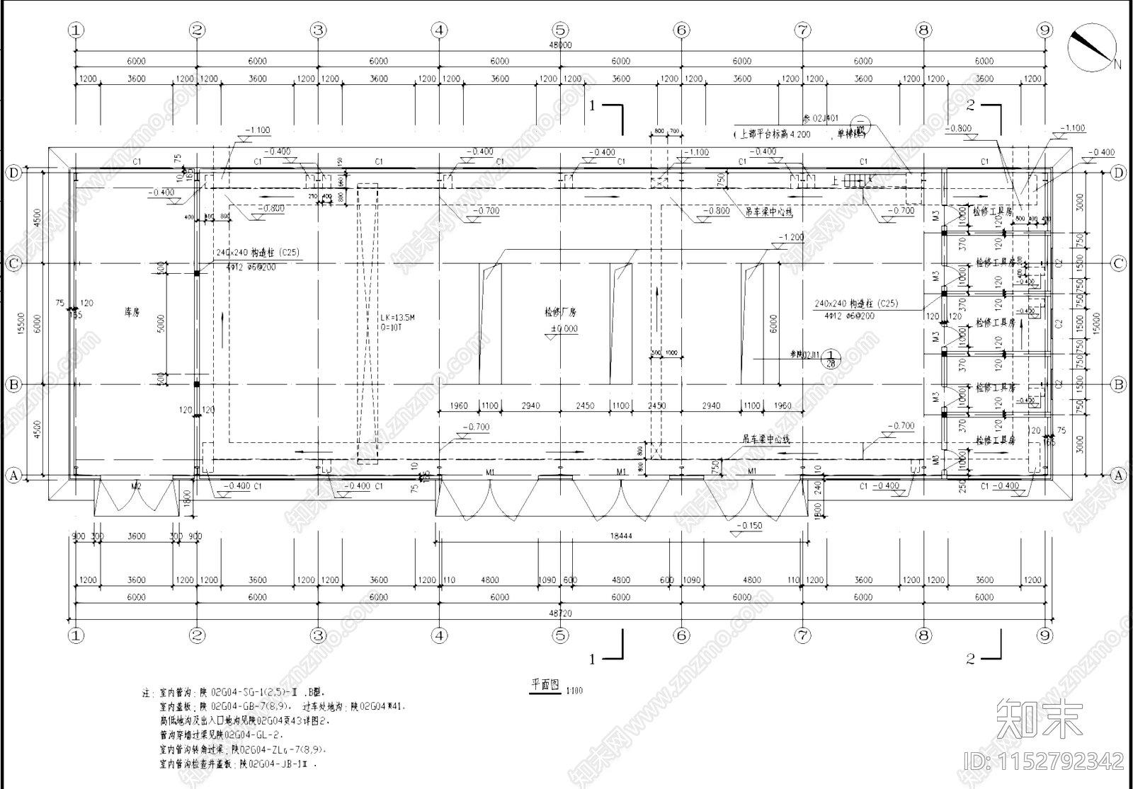 钢结构车辆检修厂房车间工业建筑cad施工图下载【ID:1152792342】