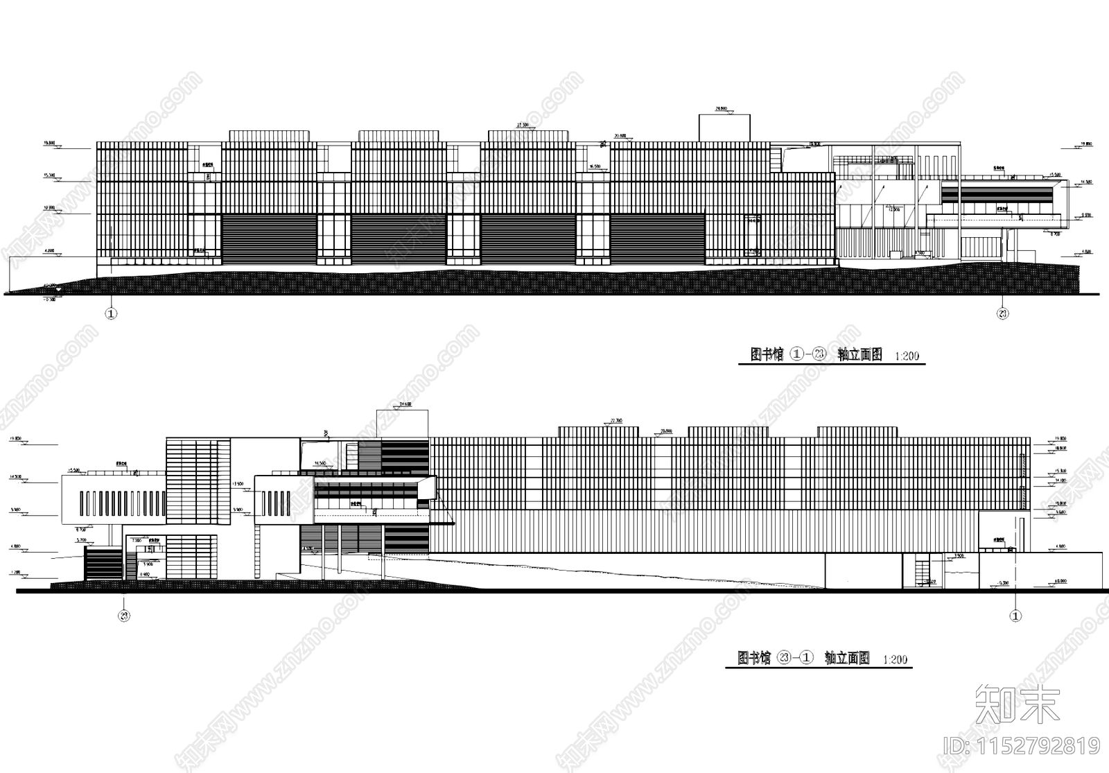 图书馆剖立面建筑cad施工图下载【ID:1152792819】