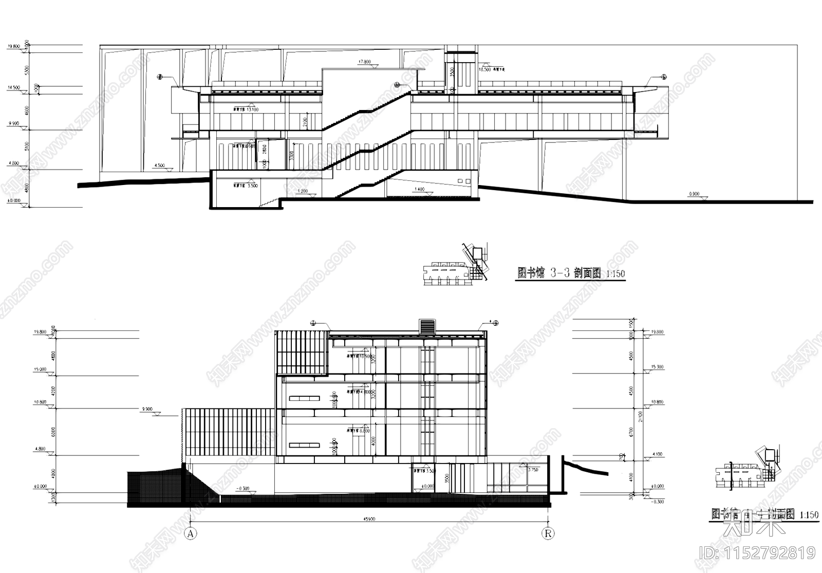 图书馆剖立面建筑cad施工图下载【ID:1152792819】