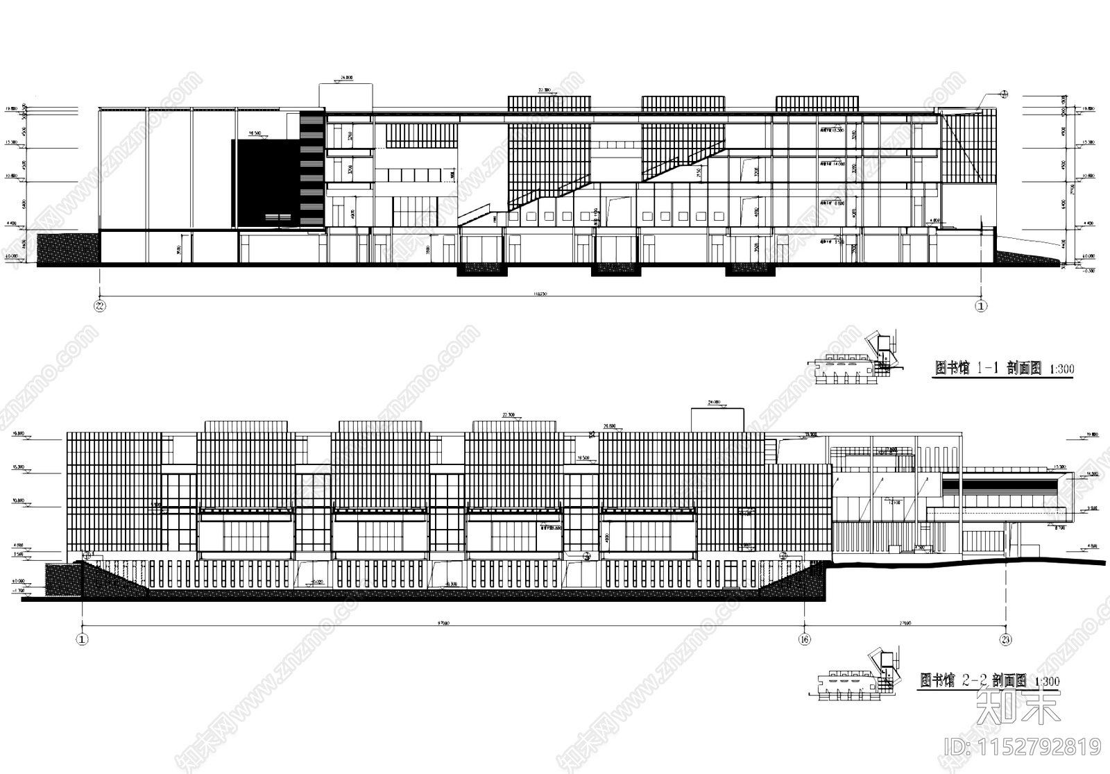 图书馆剖立面建筑cad施工图下载【ID:1152792819】