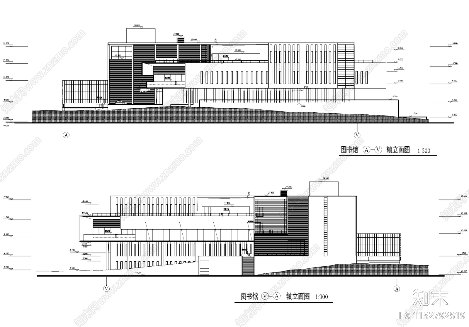 图书馆剖立面建筑cad施工图下载【ID:1152792819】