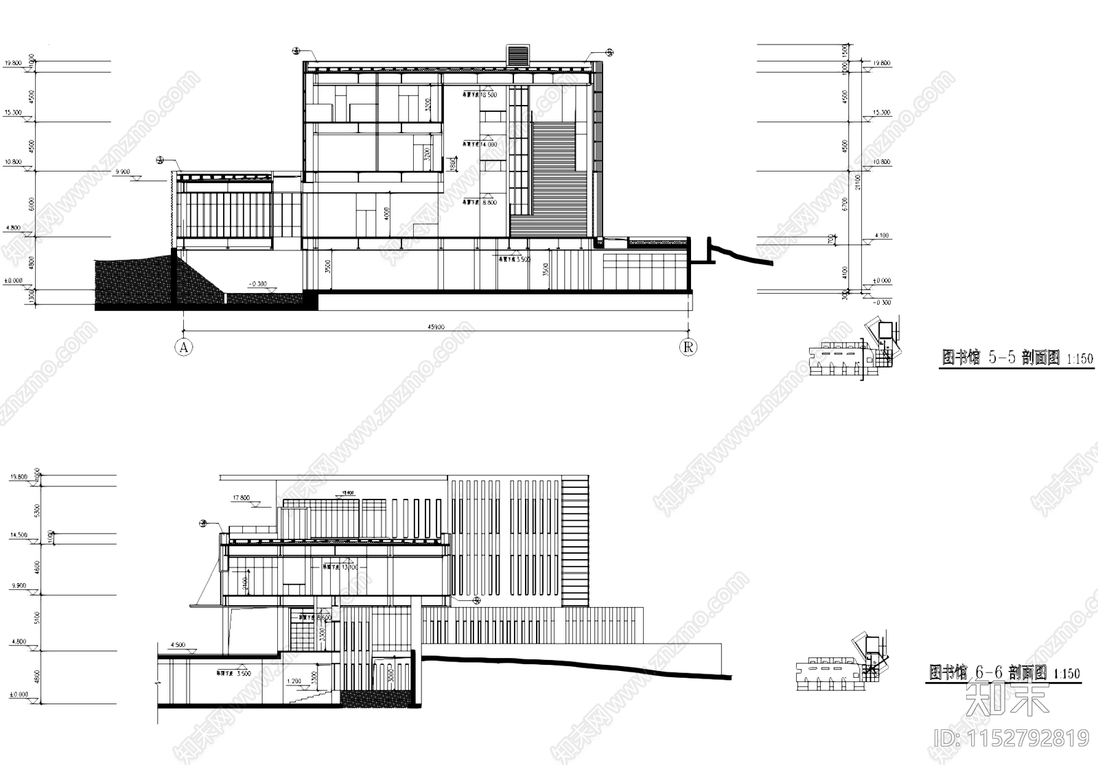 图书馆剖立面建筑cad施工图下载【ID:1152792819】