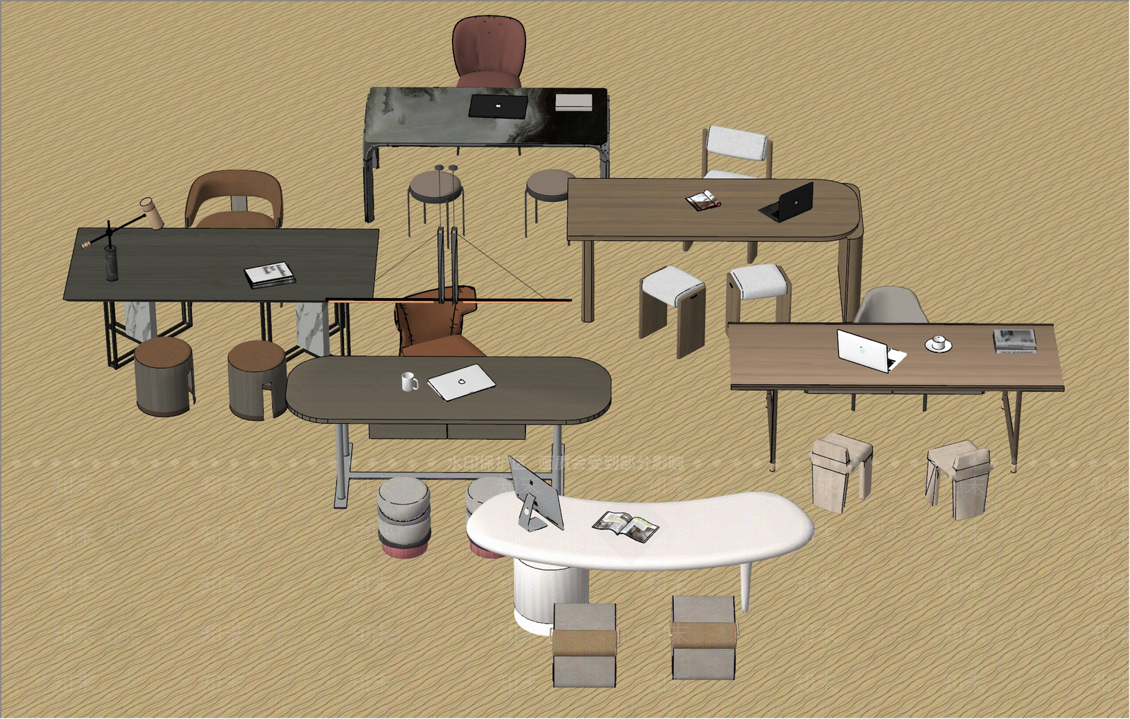现代休闲办公桌椅组合SU模型下载【ID:1152796610】