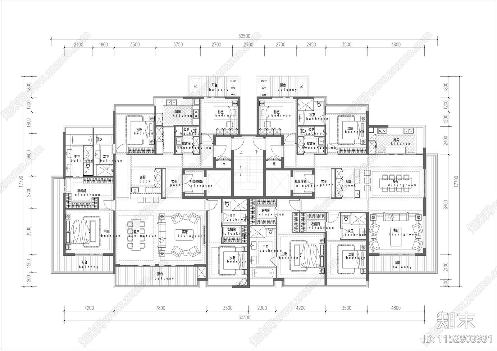 第四代一梯两户洋房高层建筑平面图施工图下载【ID:1152803931】