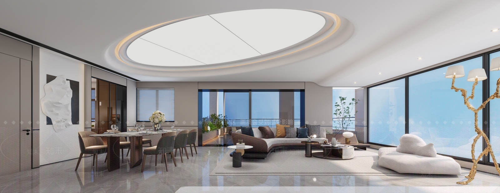 现代无主灯客餐厅沙发茶几装饰摆件3D模型下载【ID:1152814205】