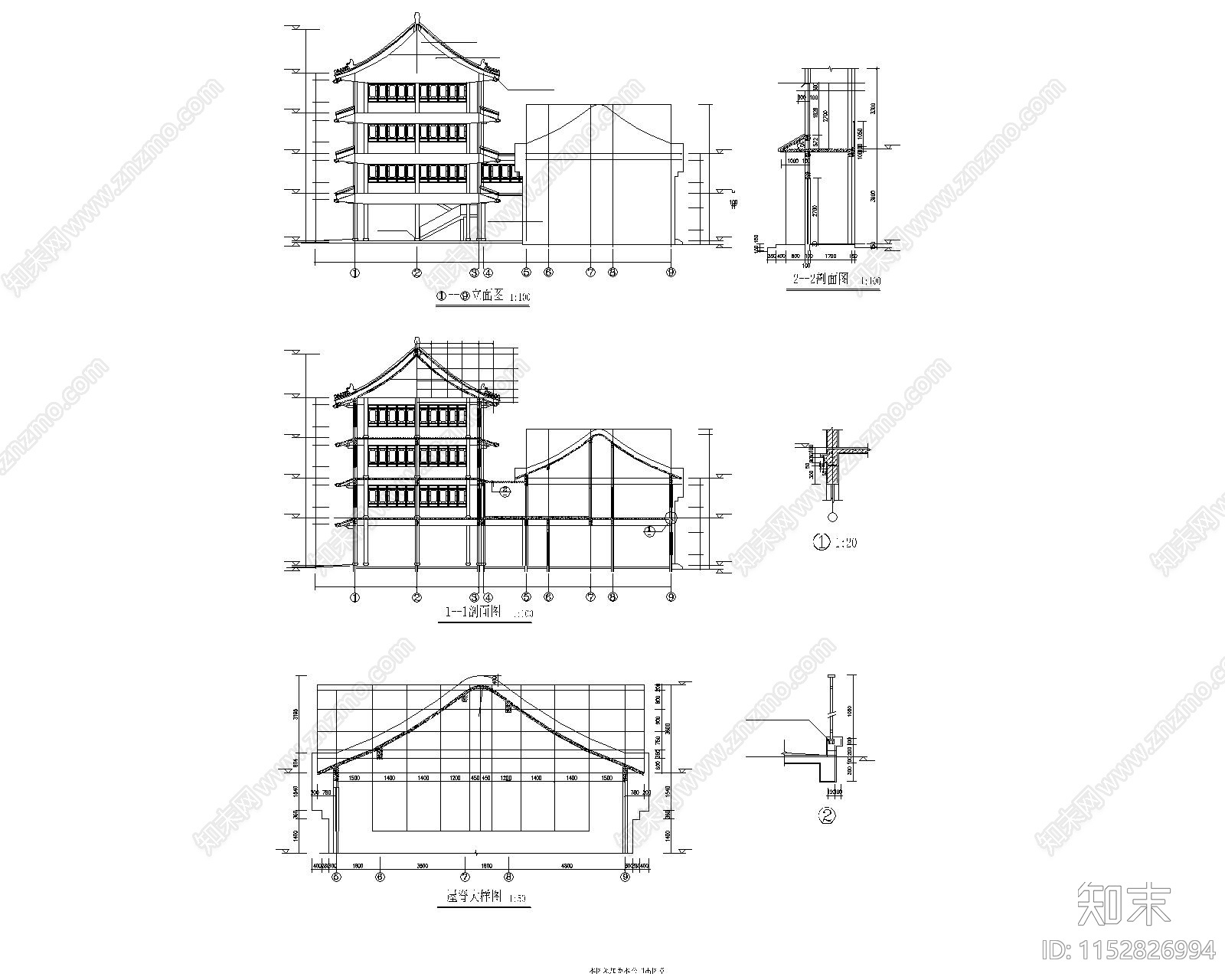 中式徽派建筑设计施工图下载【ID:1152826994】