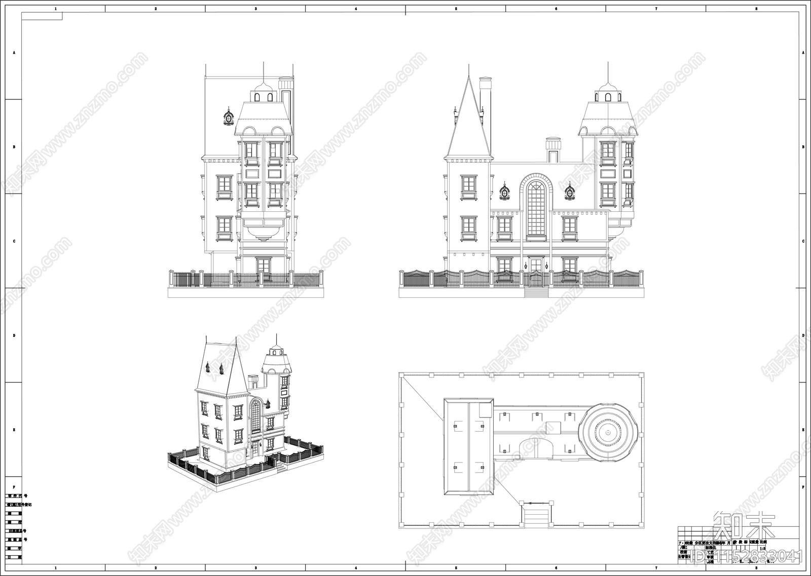 欧式别墅房屋三视图施工图下载【ID:1152833041】