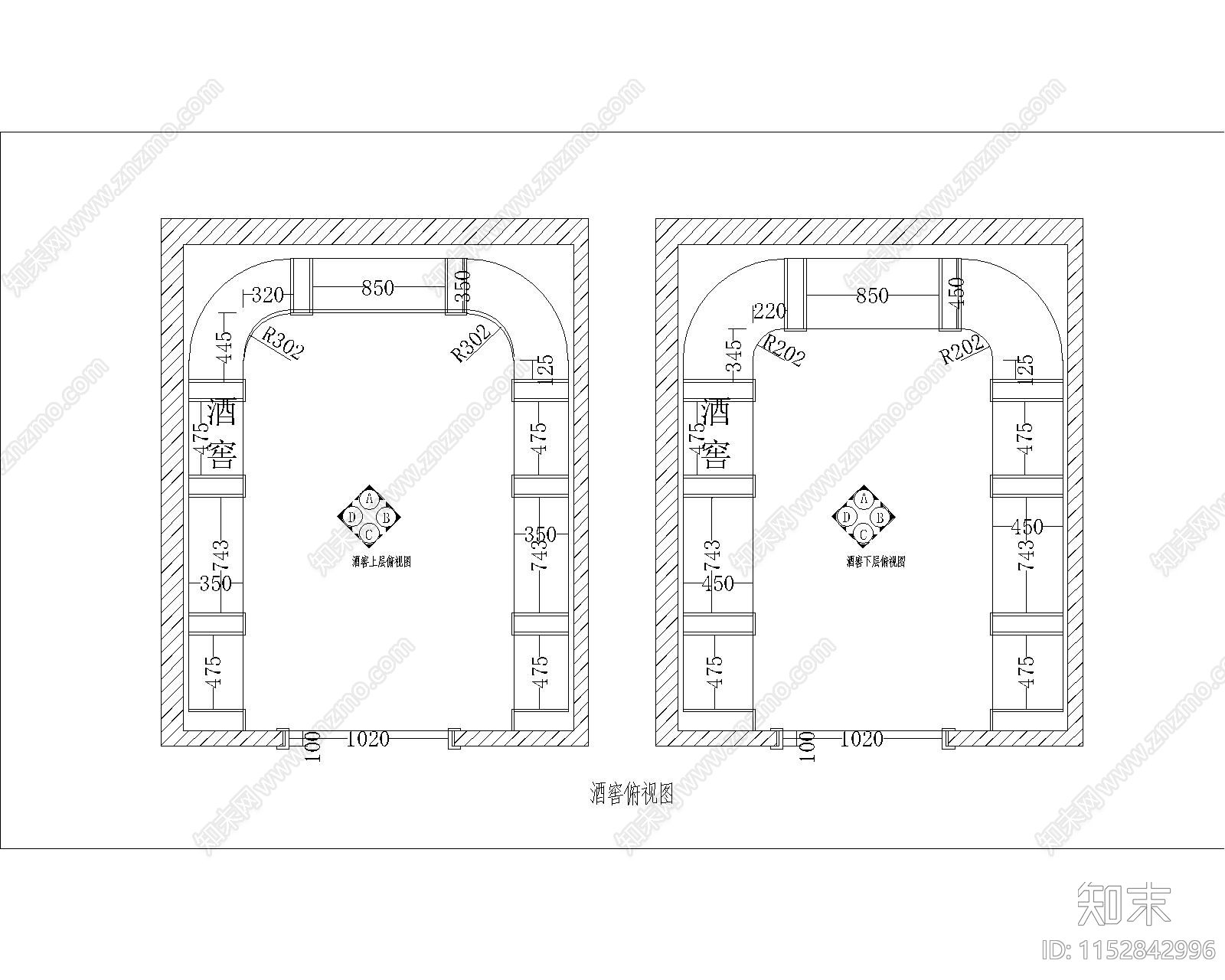 欧式简约U型酒窖空间立面cad施工图下载【ID:1152842996】