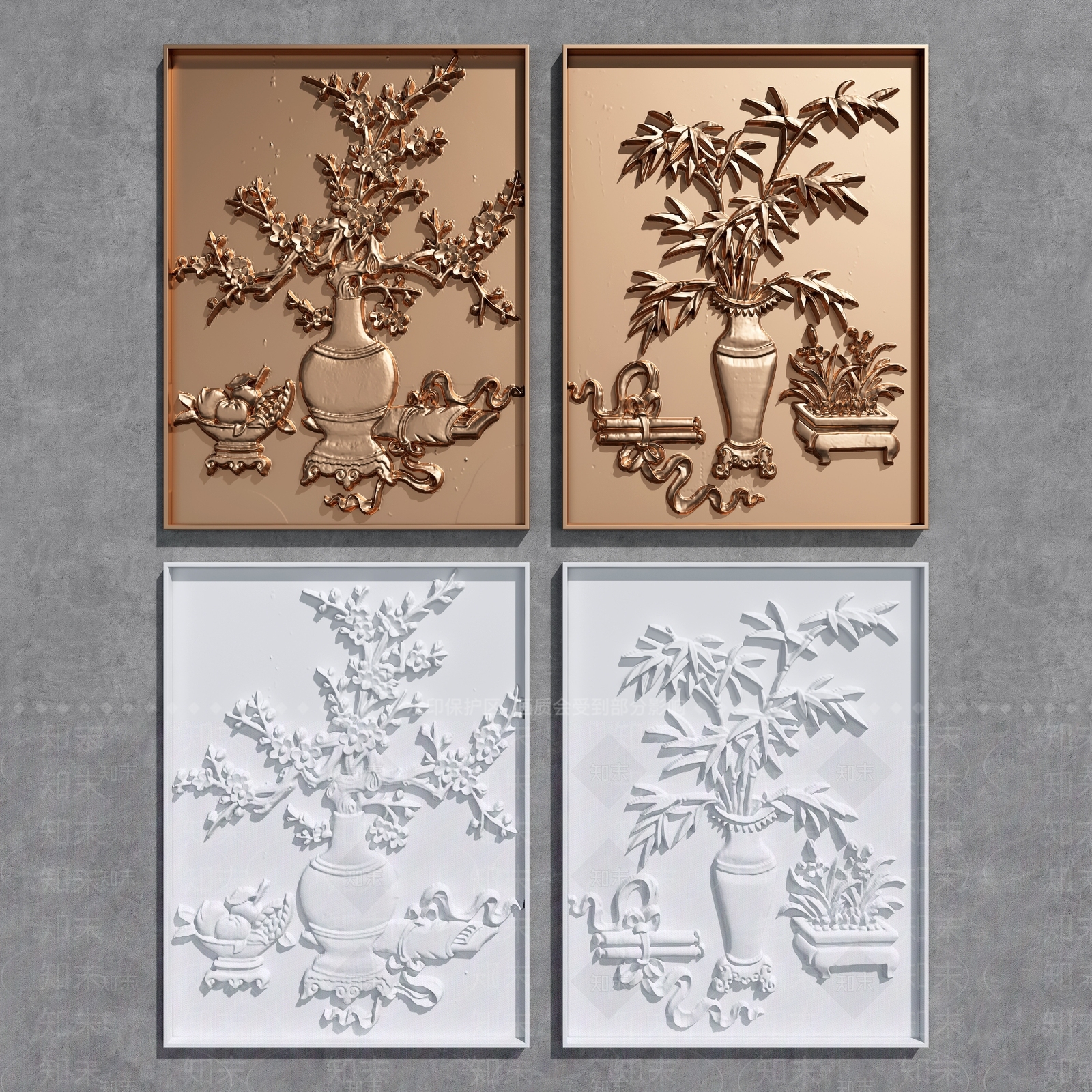 新中式花瓶植物石膏铜雕3D模型下载【ID:1152845910】