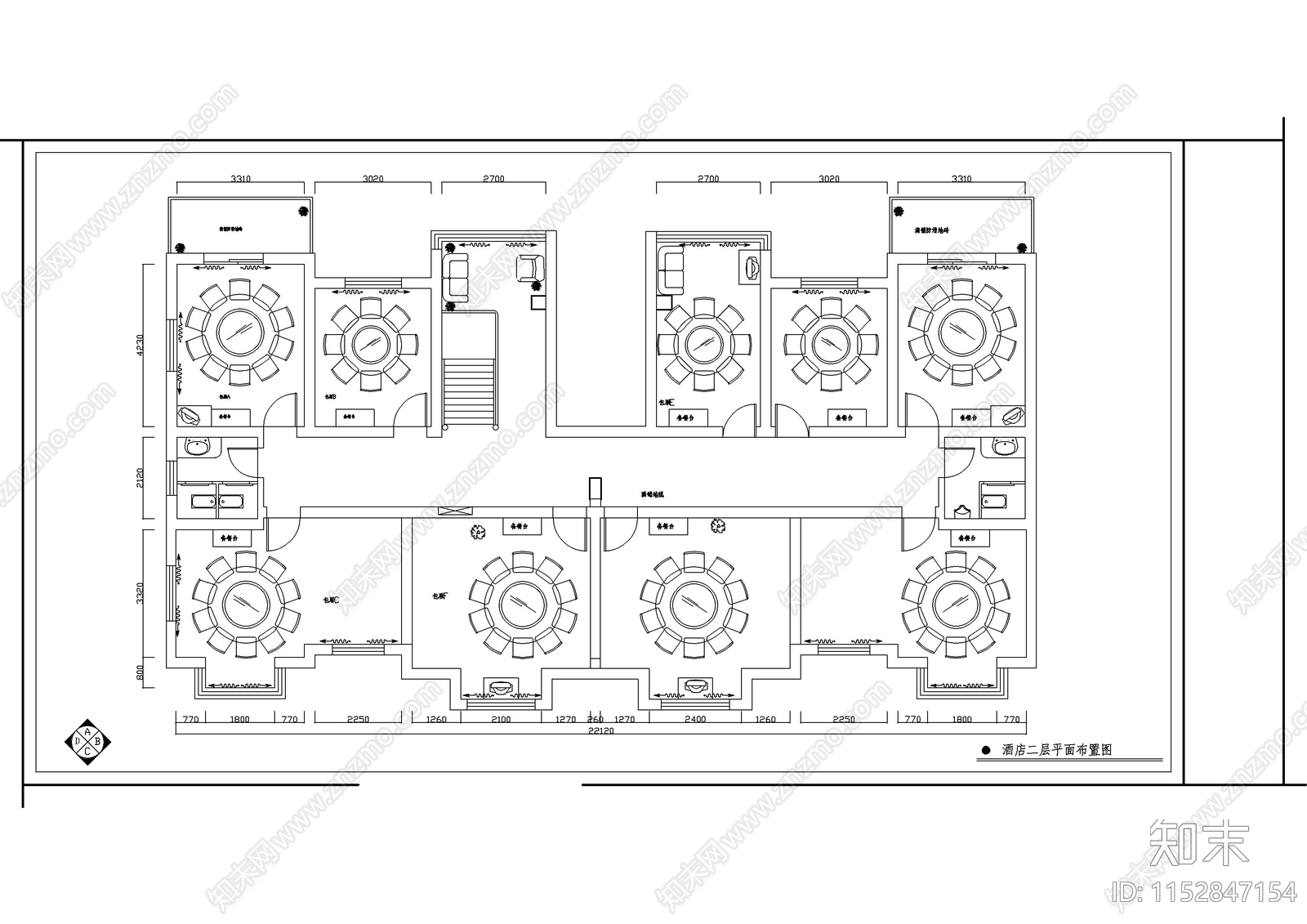 现代酒店设计平面图施工图下载【ID:1152847154】