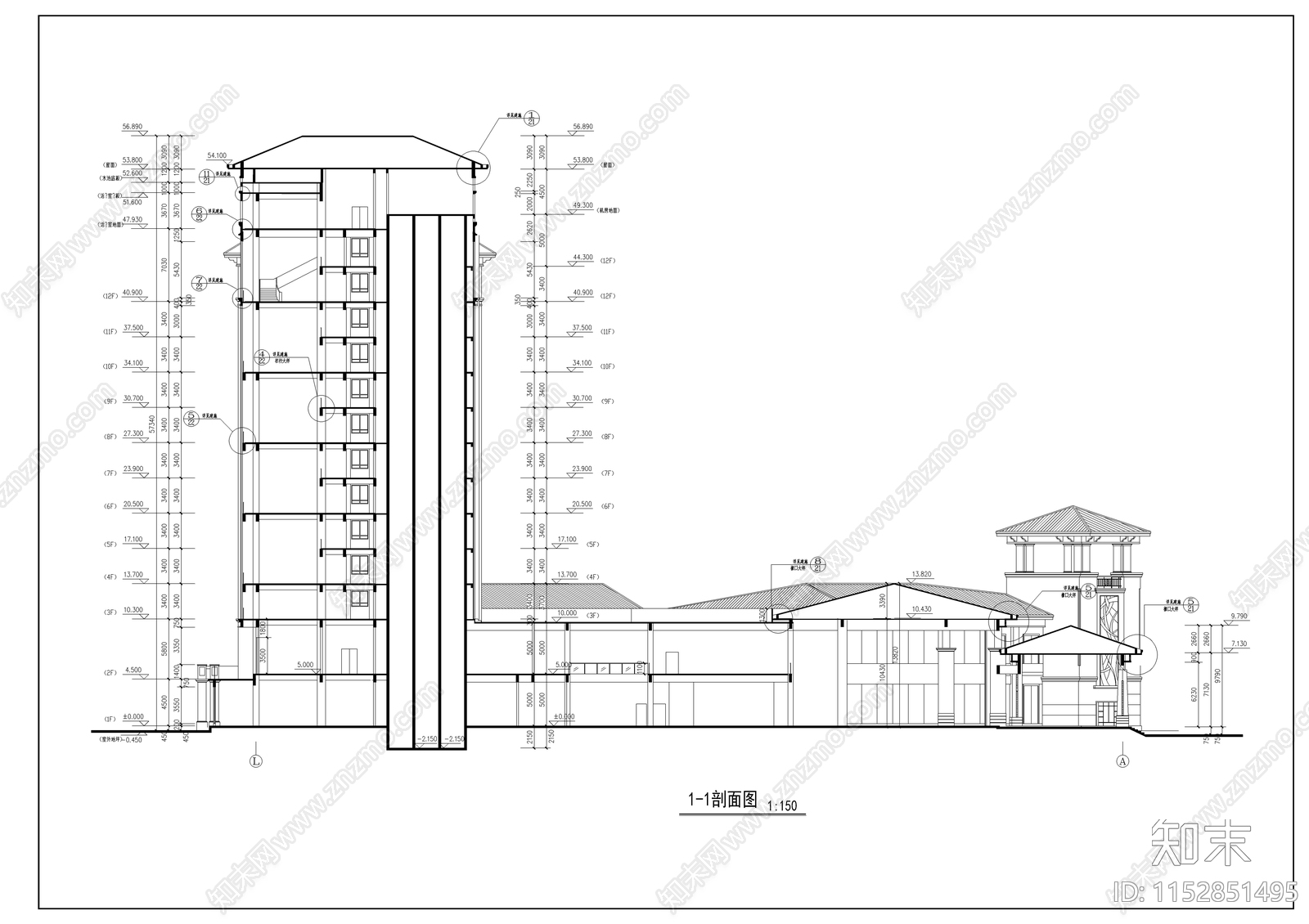 欧式简约汇景酒店建筑cad施工图下载【ID:1152851495】