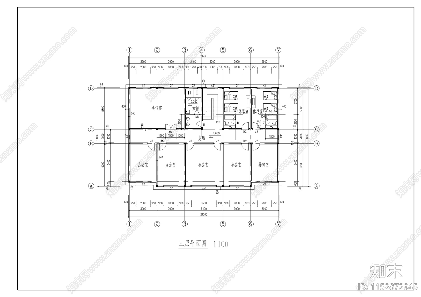 三层办公建筑cad施工图下载【ID:1152872945】