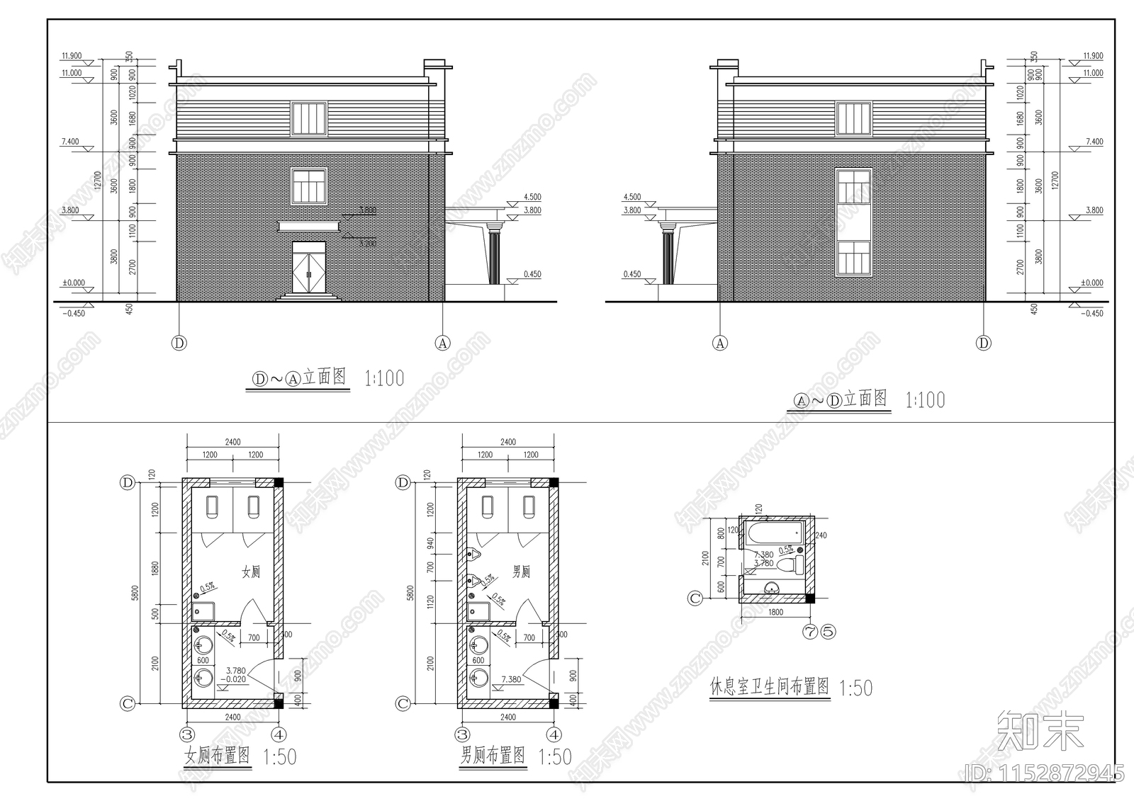 三层办公建筑cad施工图下载【ID:1152872945】