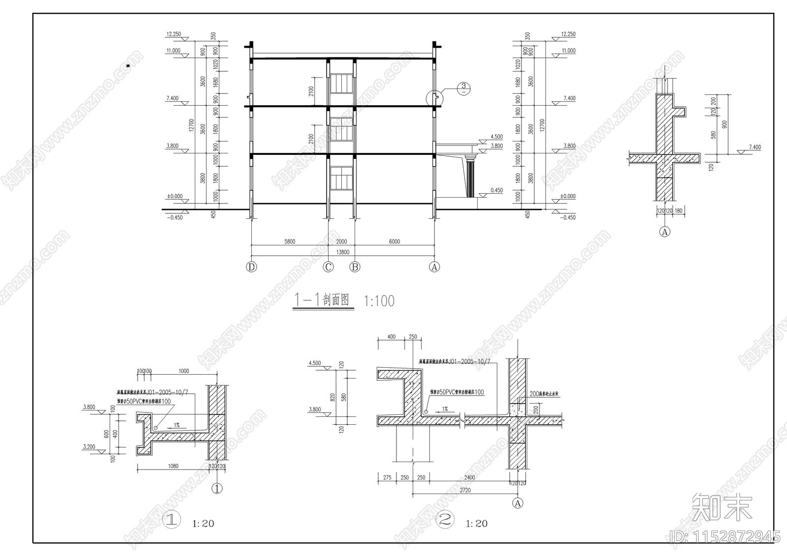 三层办公建筑cad施工图下载【ID:1152872945】