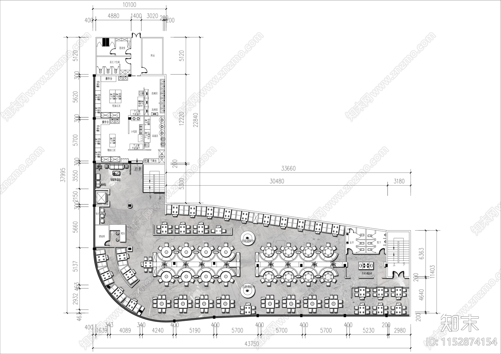 800㎡现代火锅店平面布置图施工图下载【ID:1152874154】