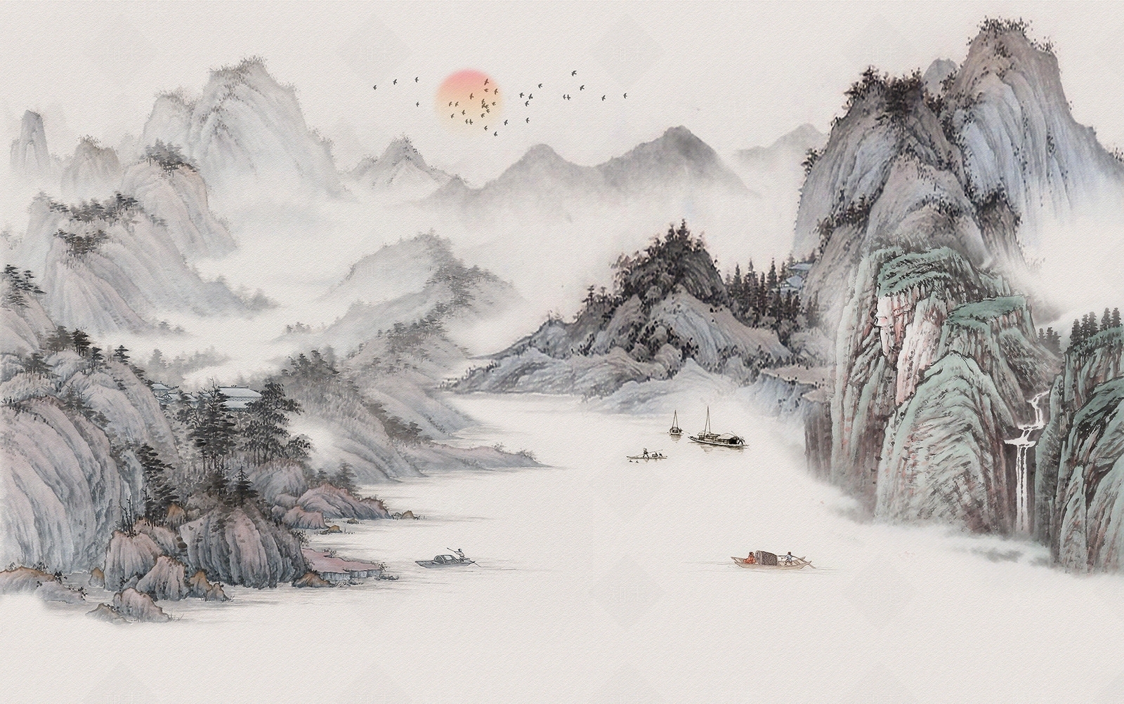 新中式山水壁画壁纸贴图下载【ID:1152875764】