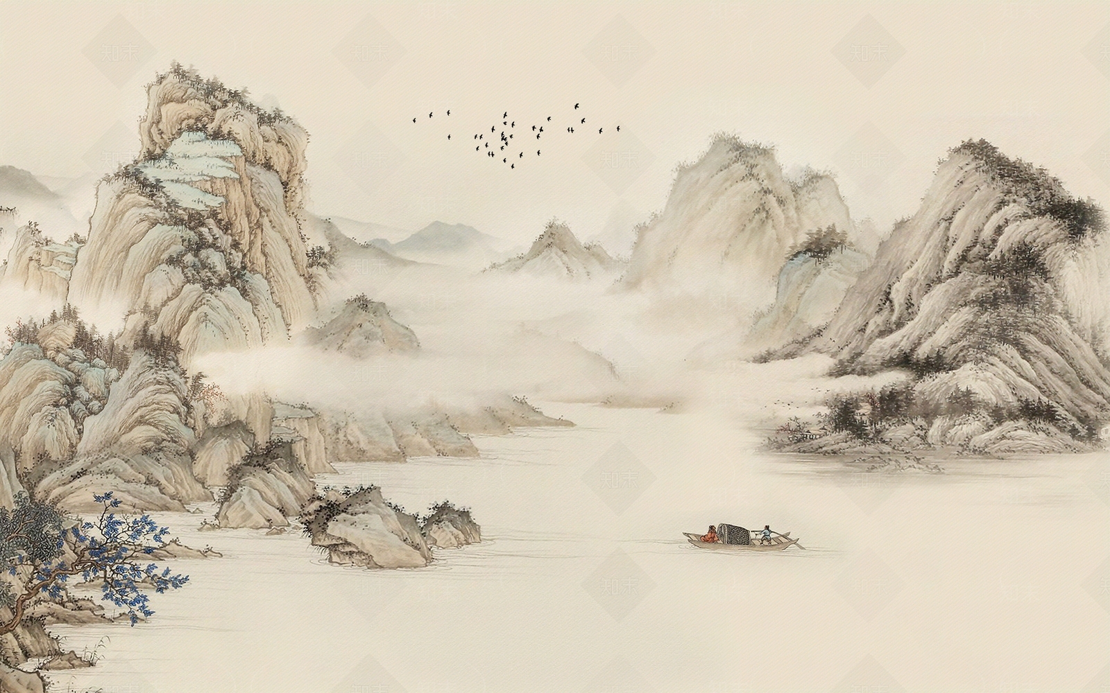 新中式山水壁画壁纸贴图下载【ID:1152875668】