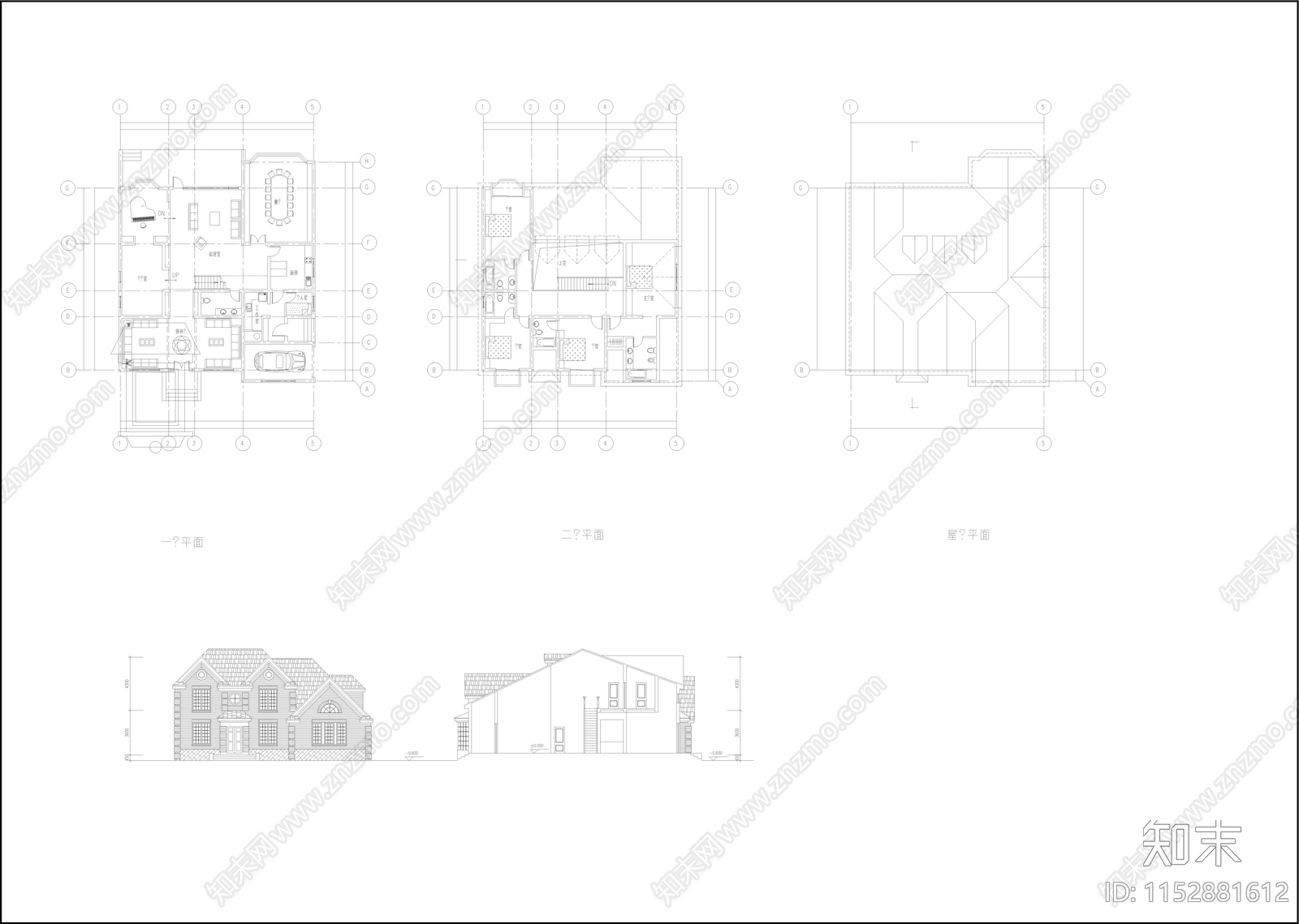 别墅建筑cad施工图下载【ID:1152881612】