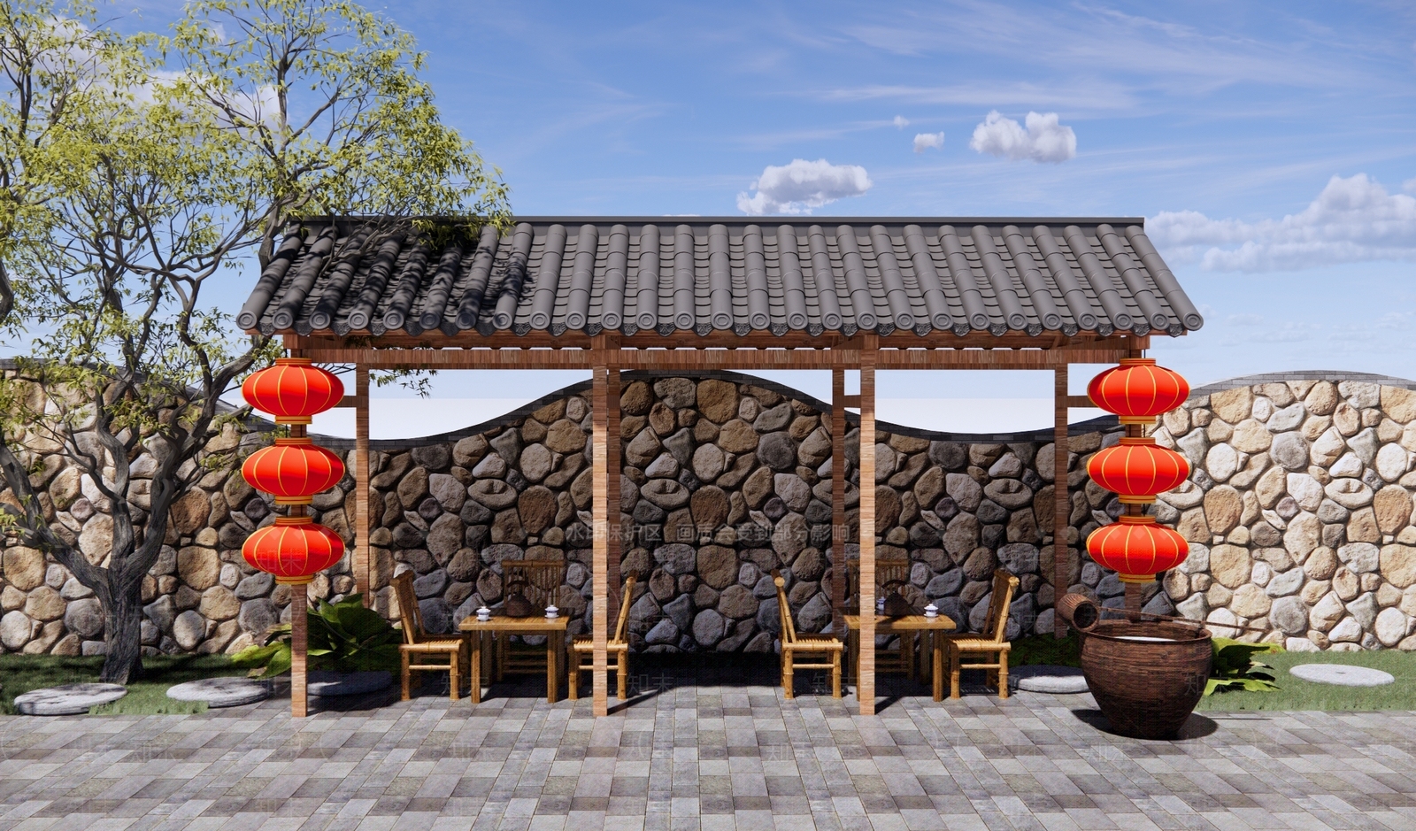 新中式乡村庭园SU模型下载【ID:1152884749】