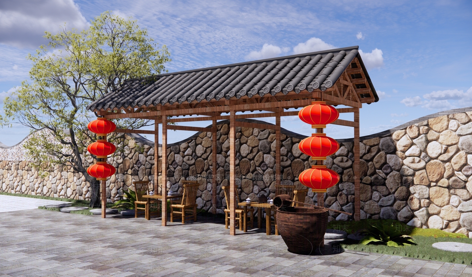 新中式乡村庭园SU模型下载【ID:1152884749】