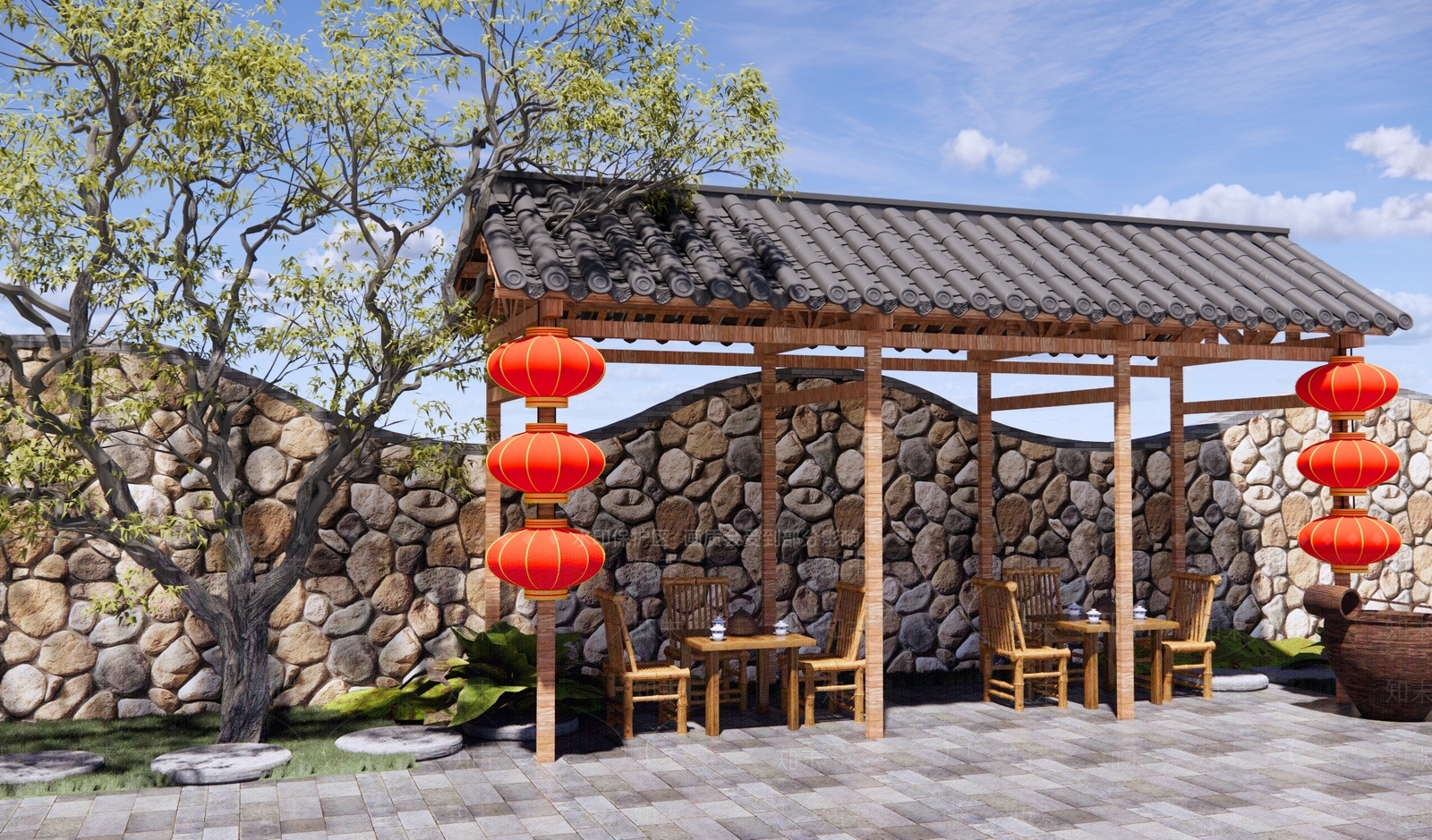 新中式乡村庭园SU模型下载【ID:1152884749】
