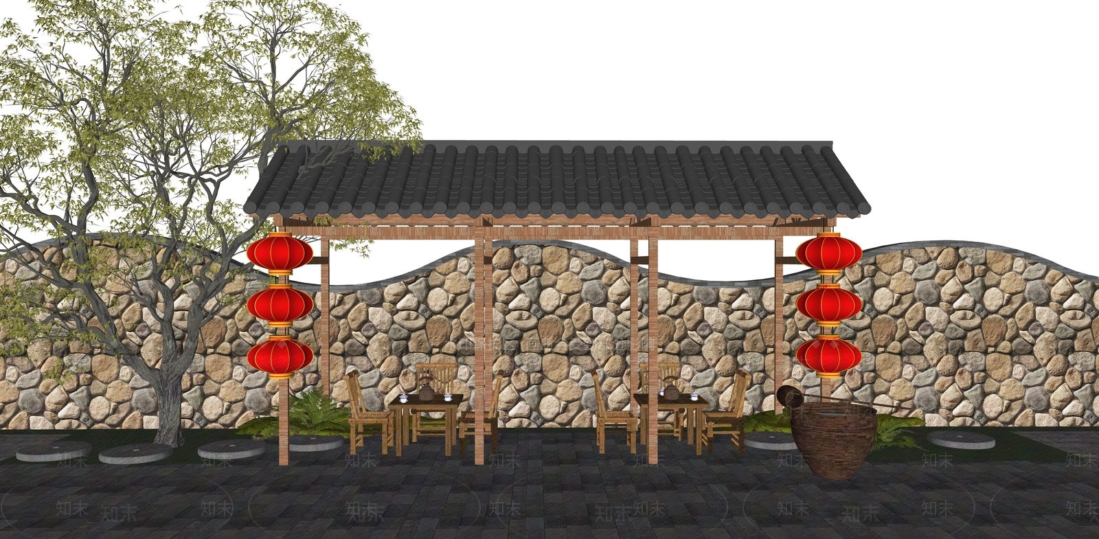 新中式乡村庭园SU模型下载【ID:1152884749】
