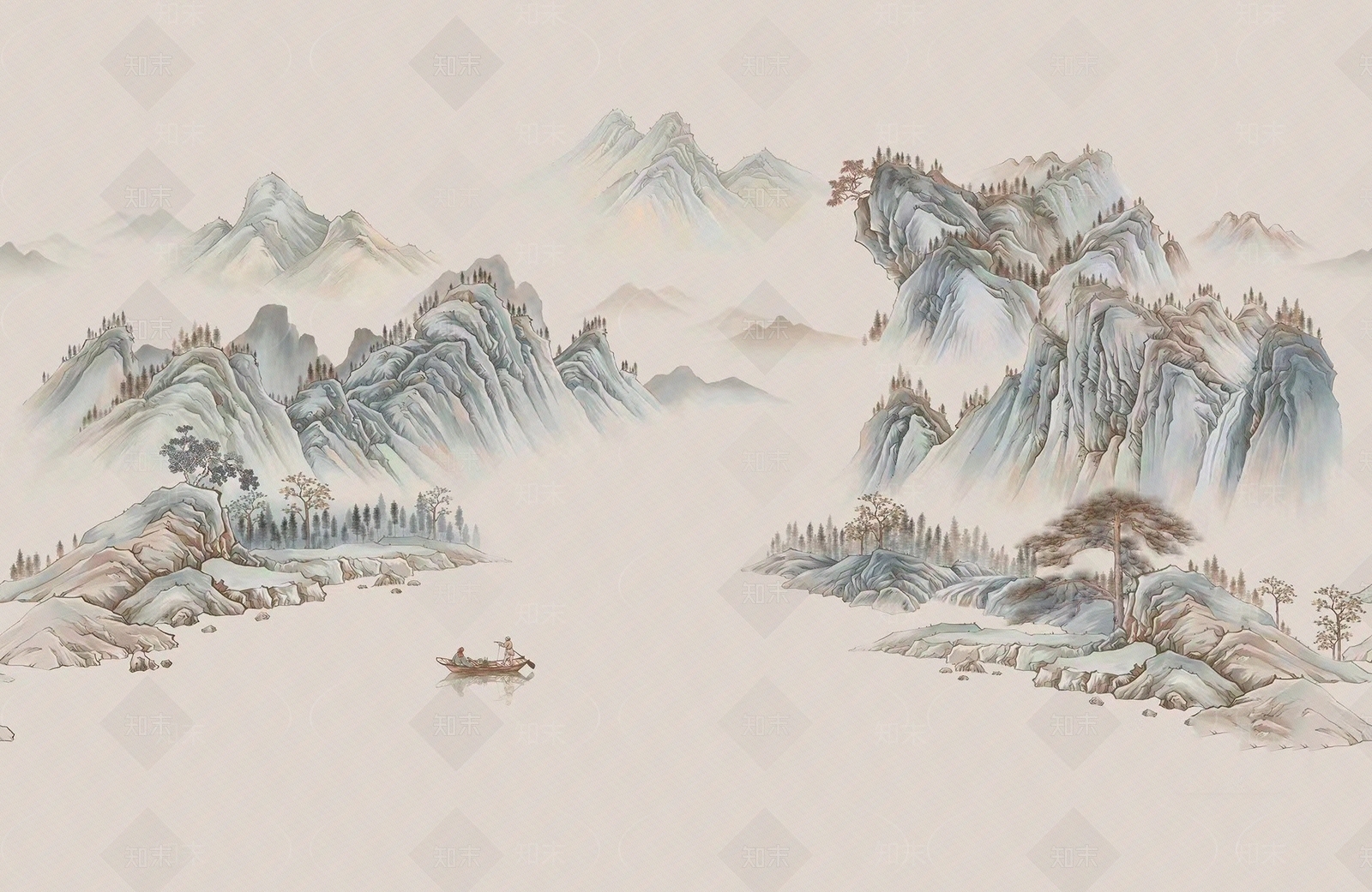 中式山水壁画壁纸硬包贴图下载【ID:1152887737】