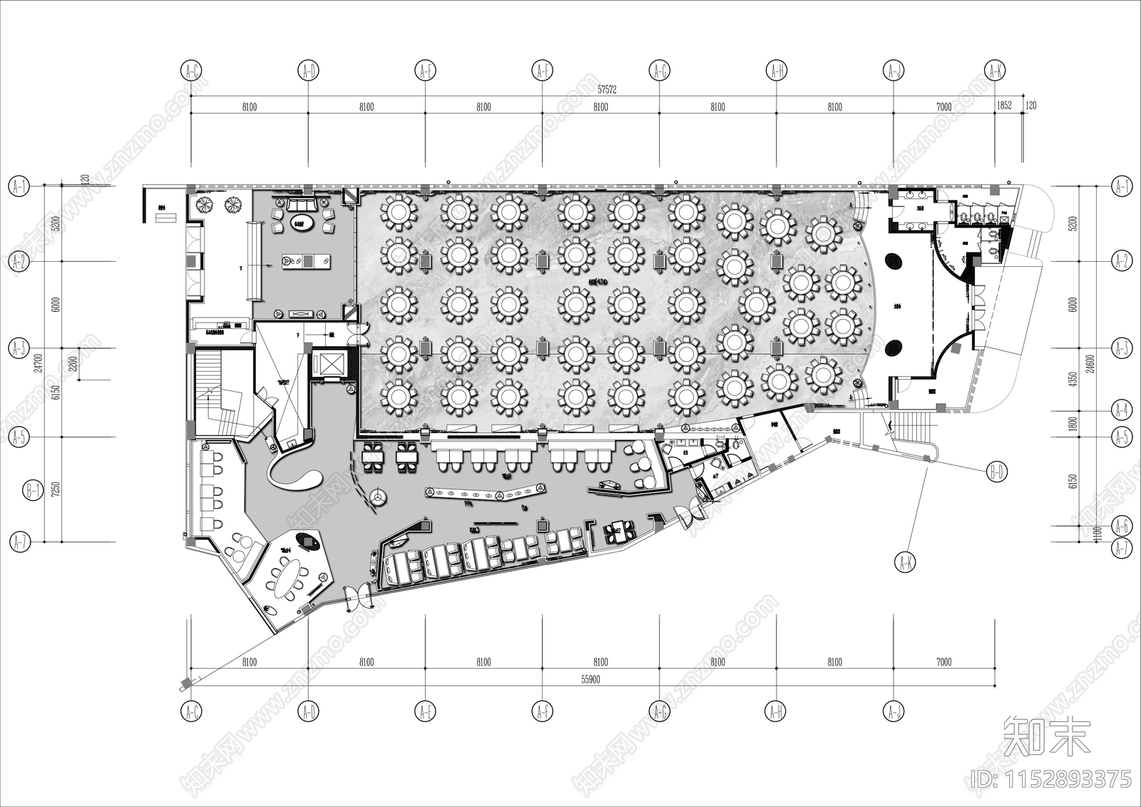 1200㎡酒店宴会餐厅平面布置图施工图下载【ID:1152893375】