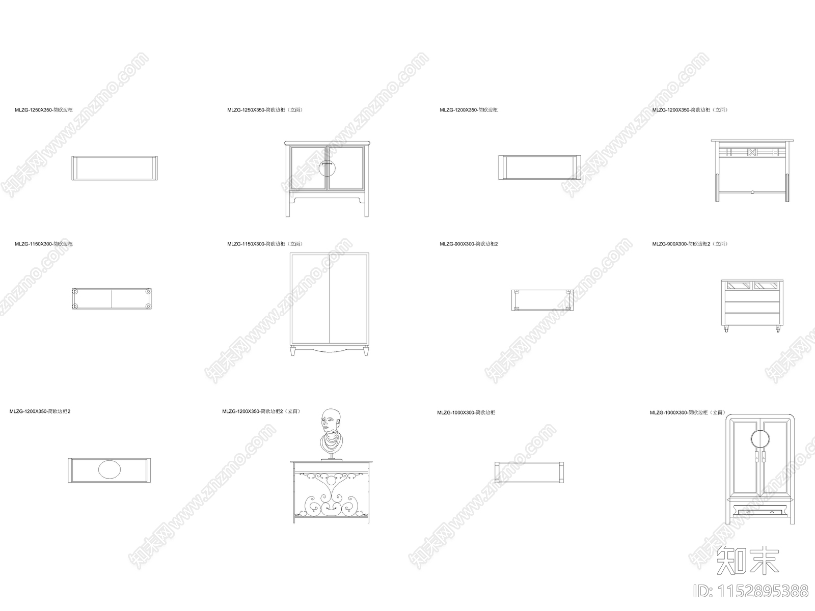 简欧双开门边柜施工图下载【ID:1152895388】