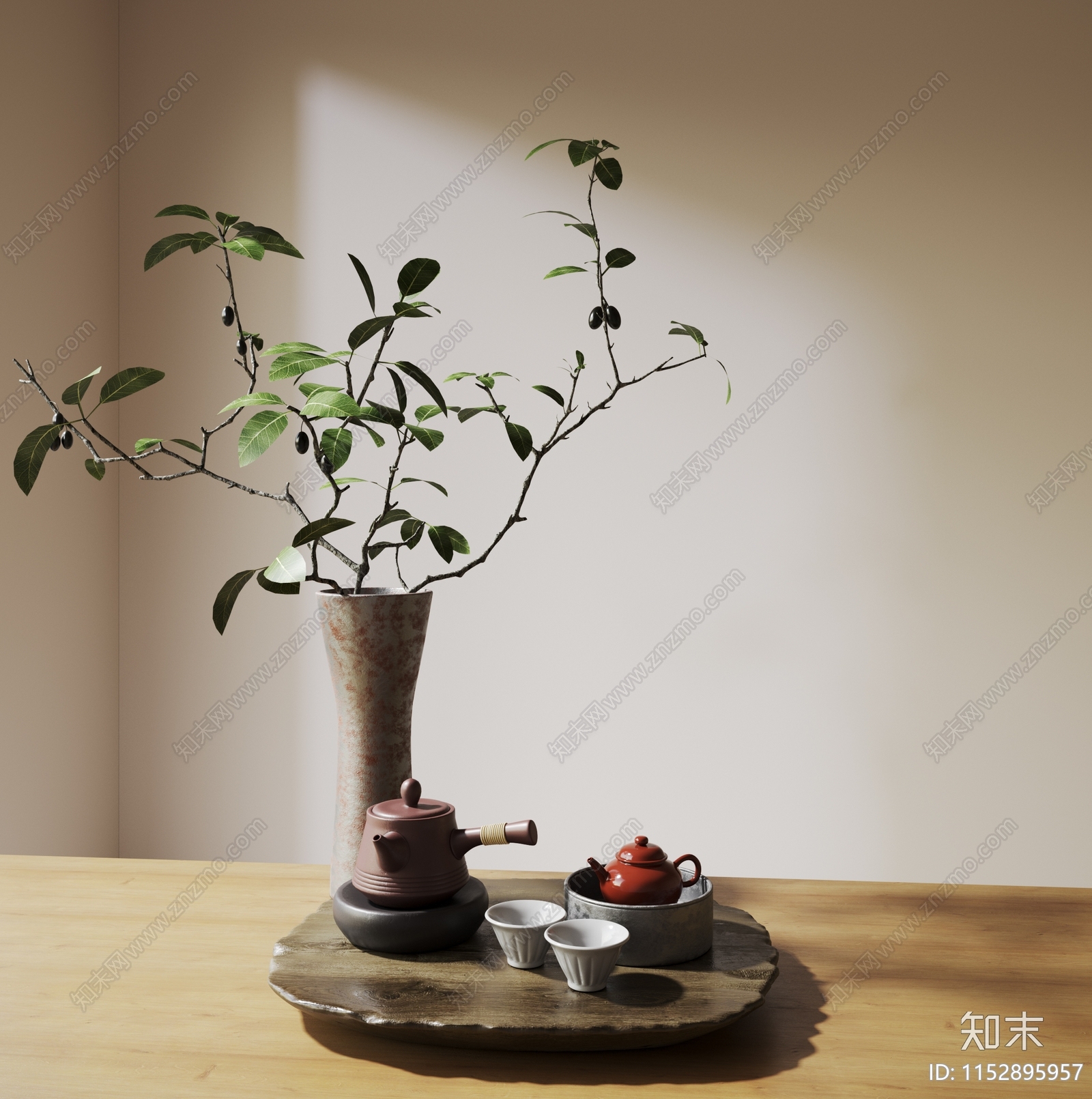 新中式花艺茶具组合3D模型下载【ID:1152895957】