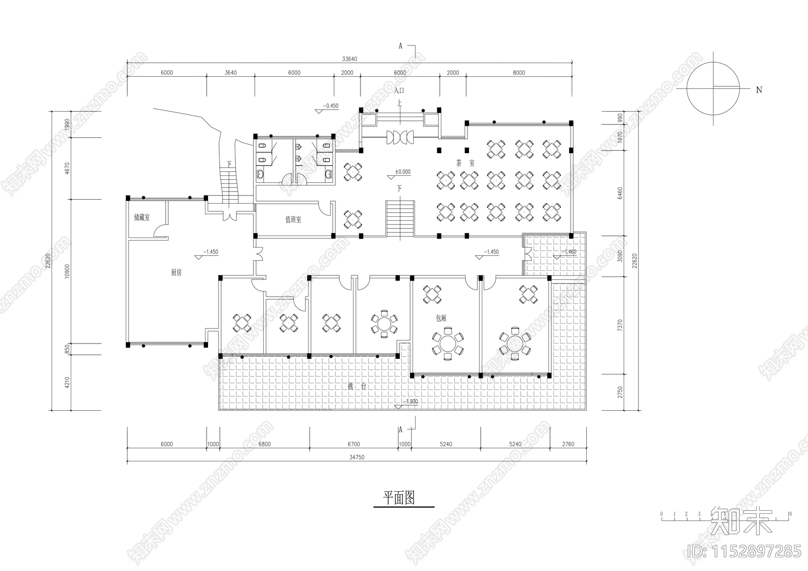 单层茶室建筑方案cad施工图下载【ID:1152897285】