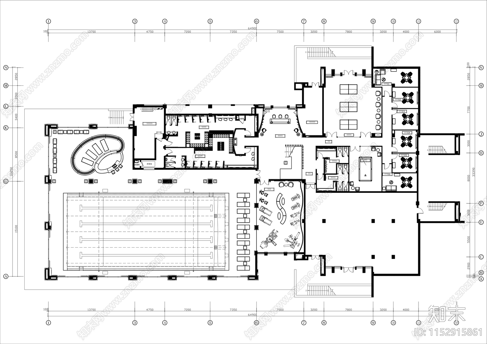 1800㎡健身游泳馆平面布置图cad施工图下载【ID:1152915861】