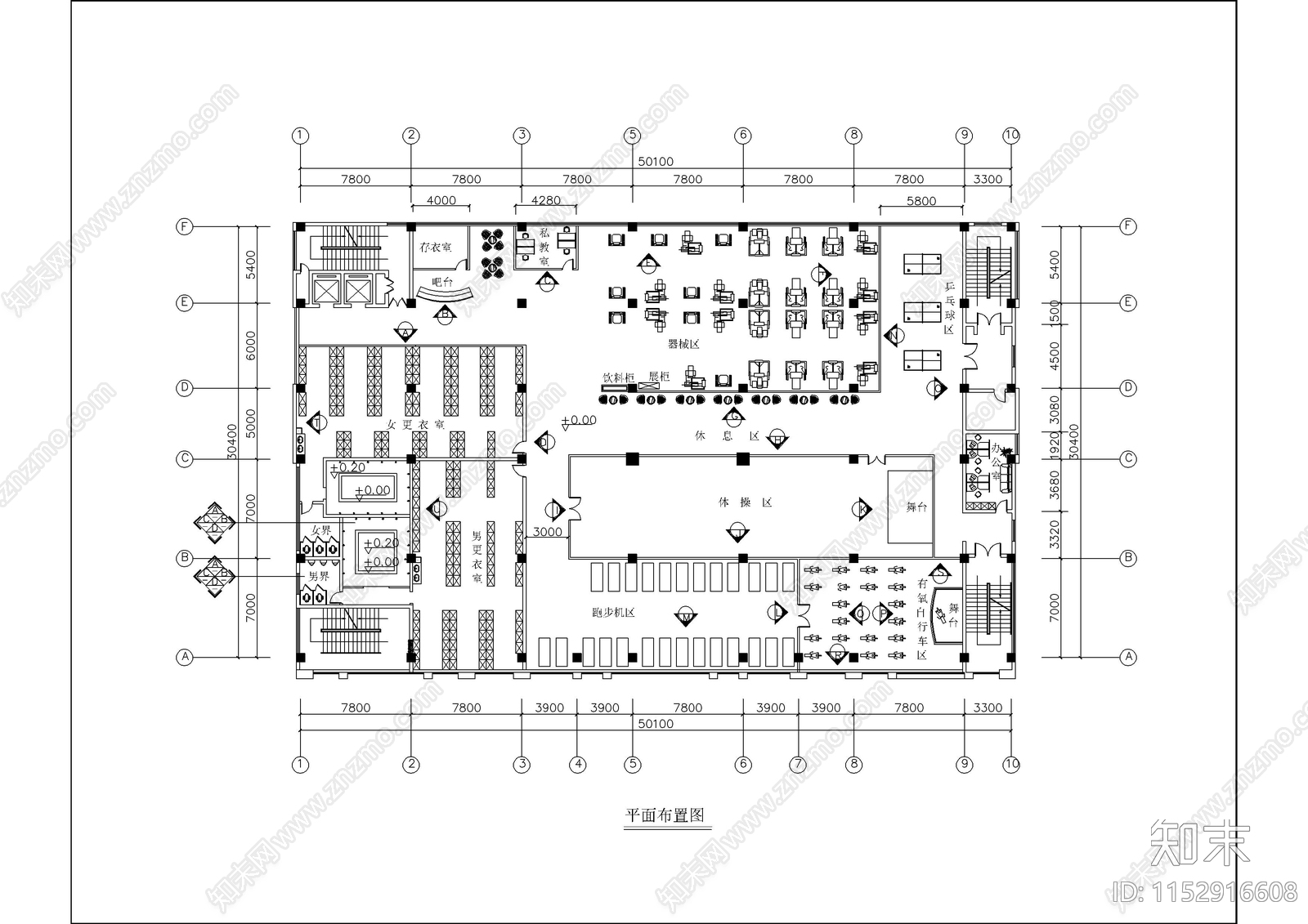 1600平米健身中心室内cad施工图下载【ID:1152916608】