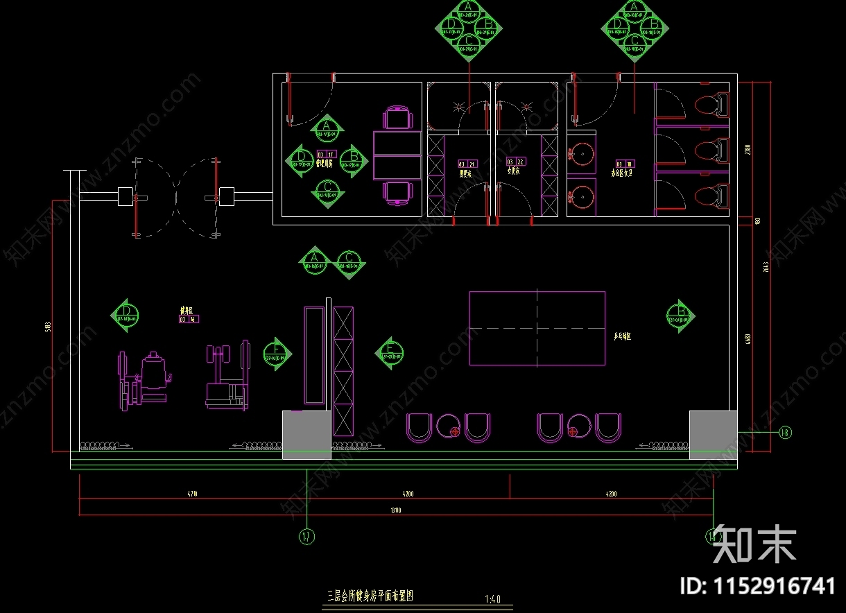 时尚健身房室内cad施工图下载【ID:1152916741】