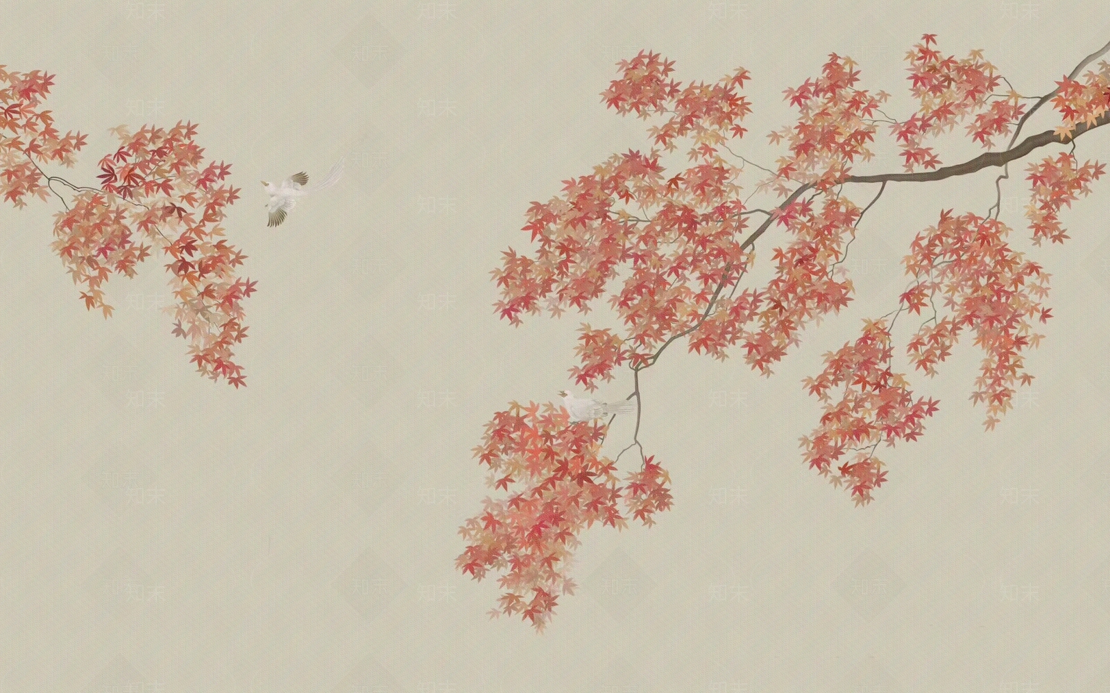 新中式花鸟枫叶小鸟壁纸壁画硬包贴图下载【ID:1152926891】