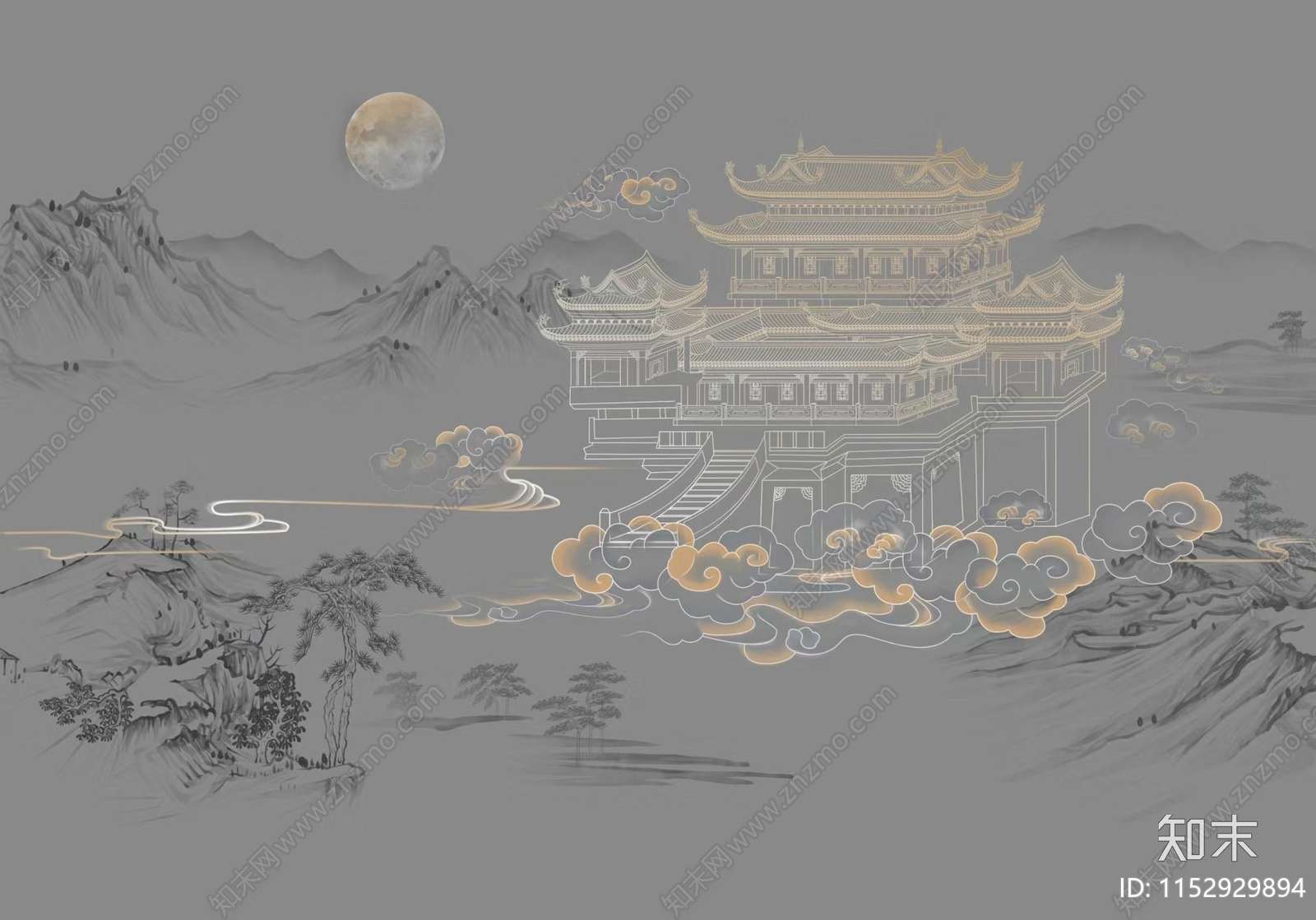 中式山水建筑描金线条壁纸壁画硬包贴图下载【ID:1152929894】