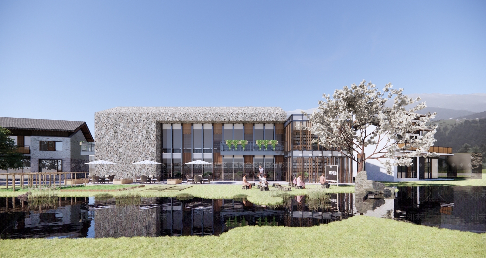 新中式坡屋顶研学基地建筑SU模型下载【ID:1152930574】