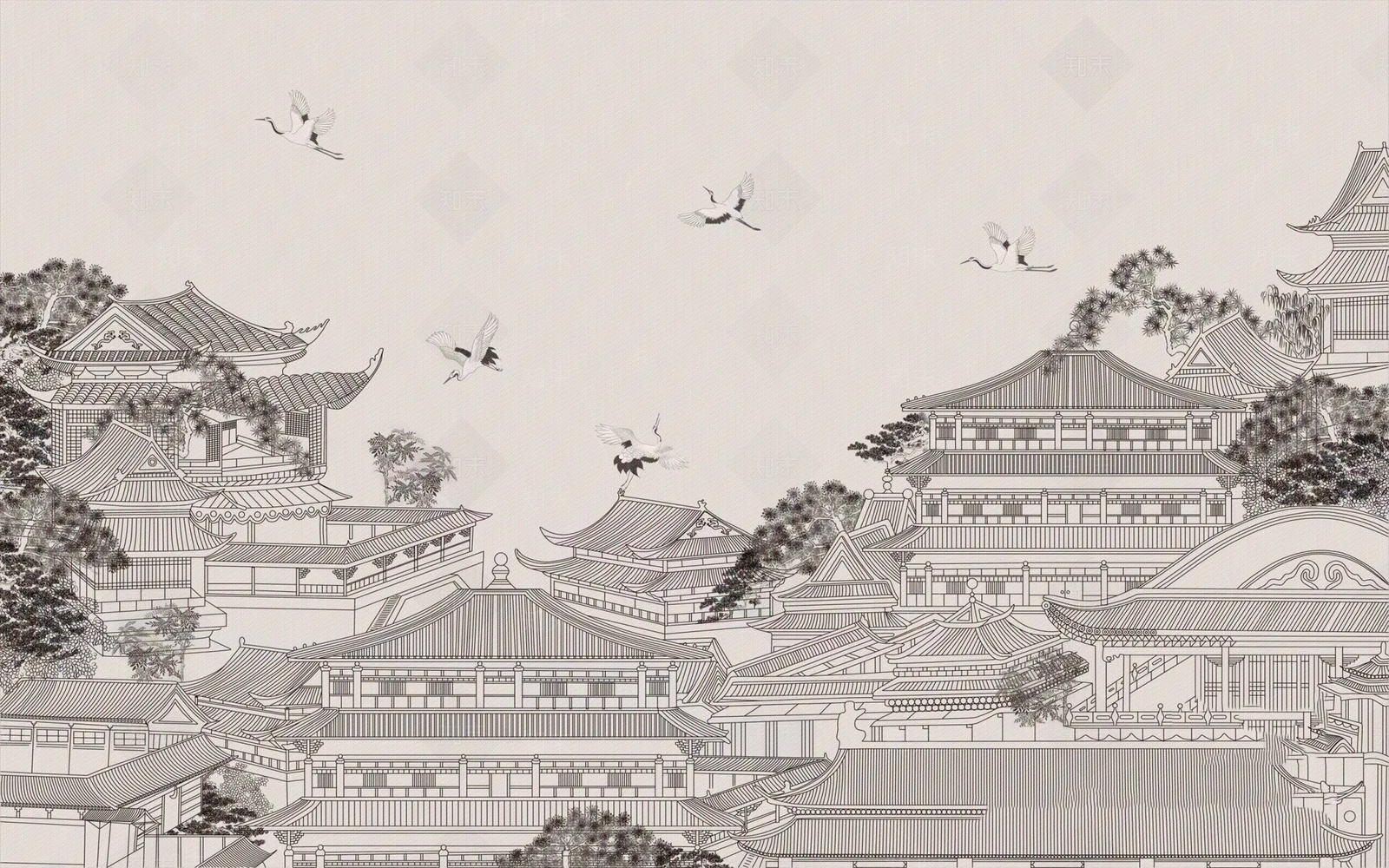 新中式建筑抽象线条仙鹤壁纸壁画硬包贴图下载【ID:1152930852】