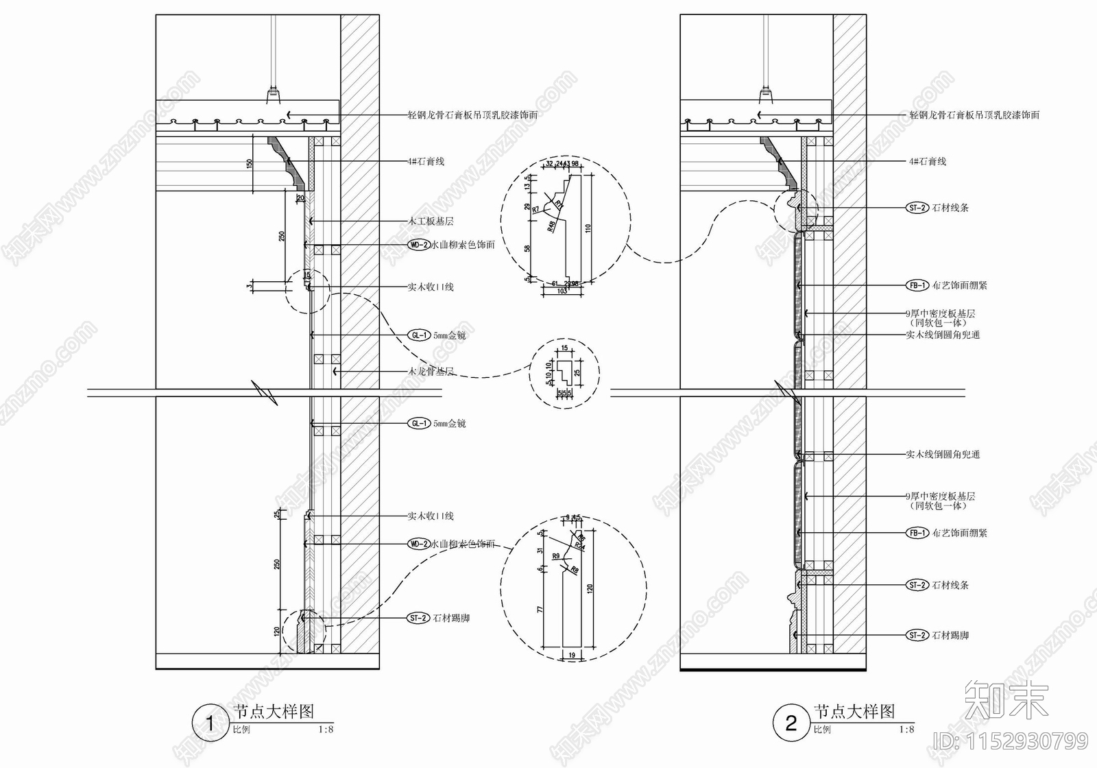 墙面软包及镜面饰面剖面大样详图施工图下载【ID:1152930799】