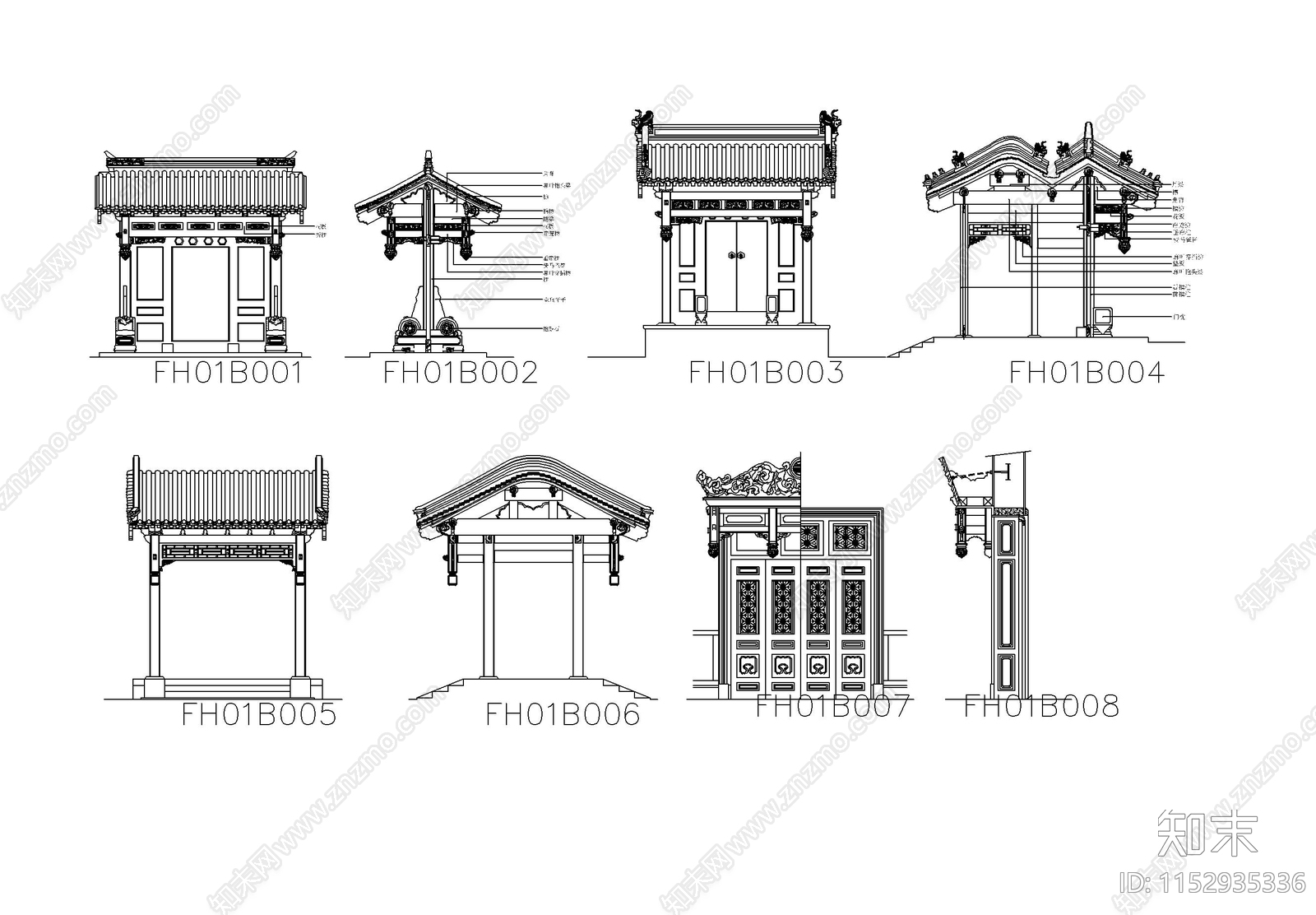 中式古典大门图库cad施工图下载【ID:1152935336】