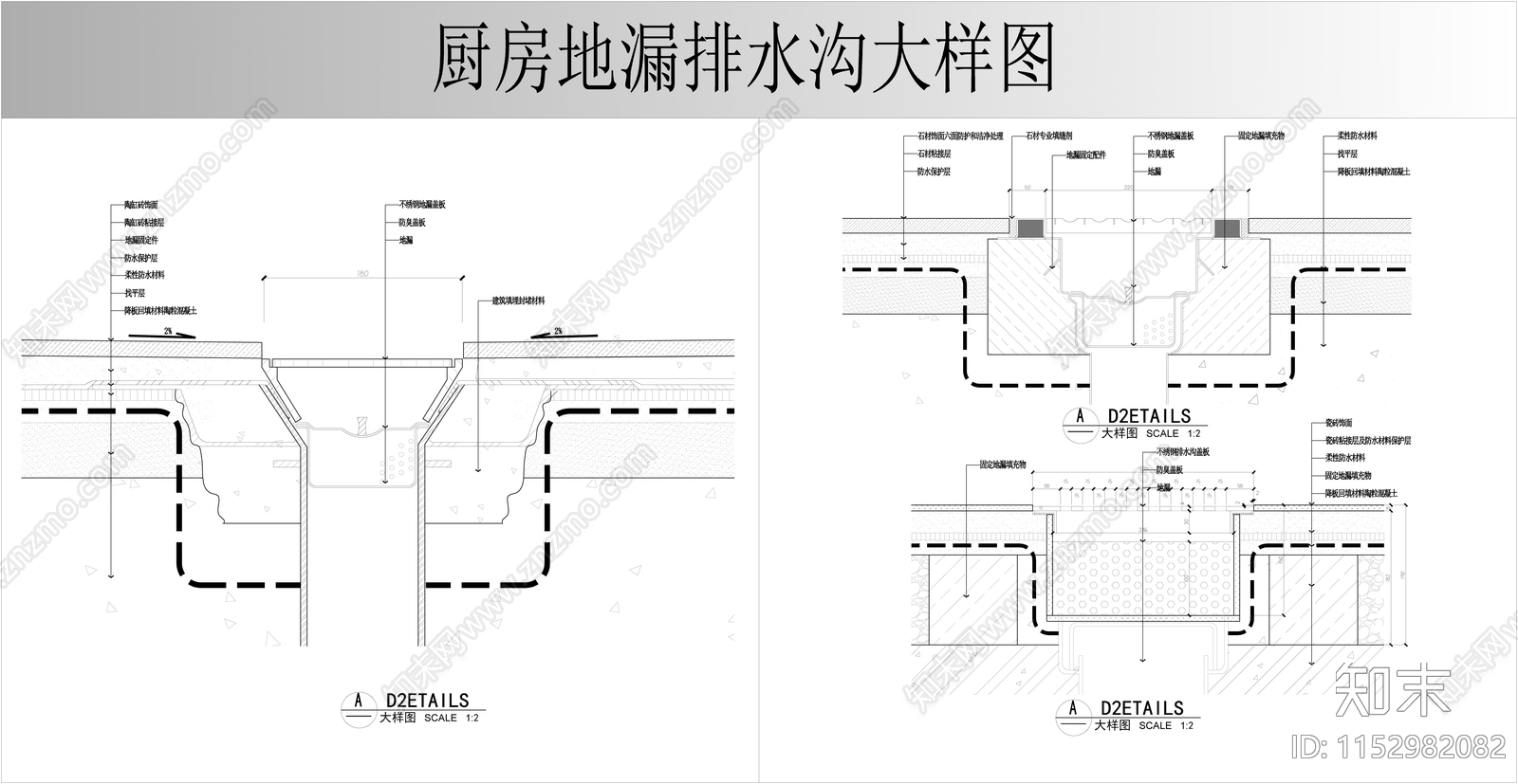 厨房地漏排水沟大样图cad施工图下载【ID:1152982082】